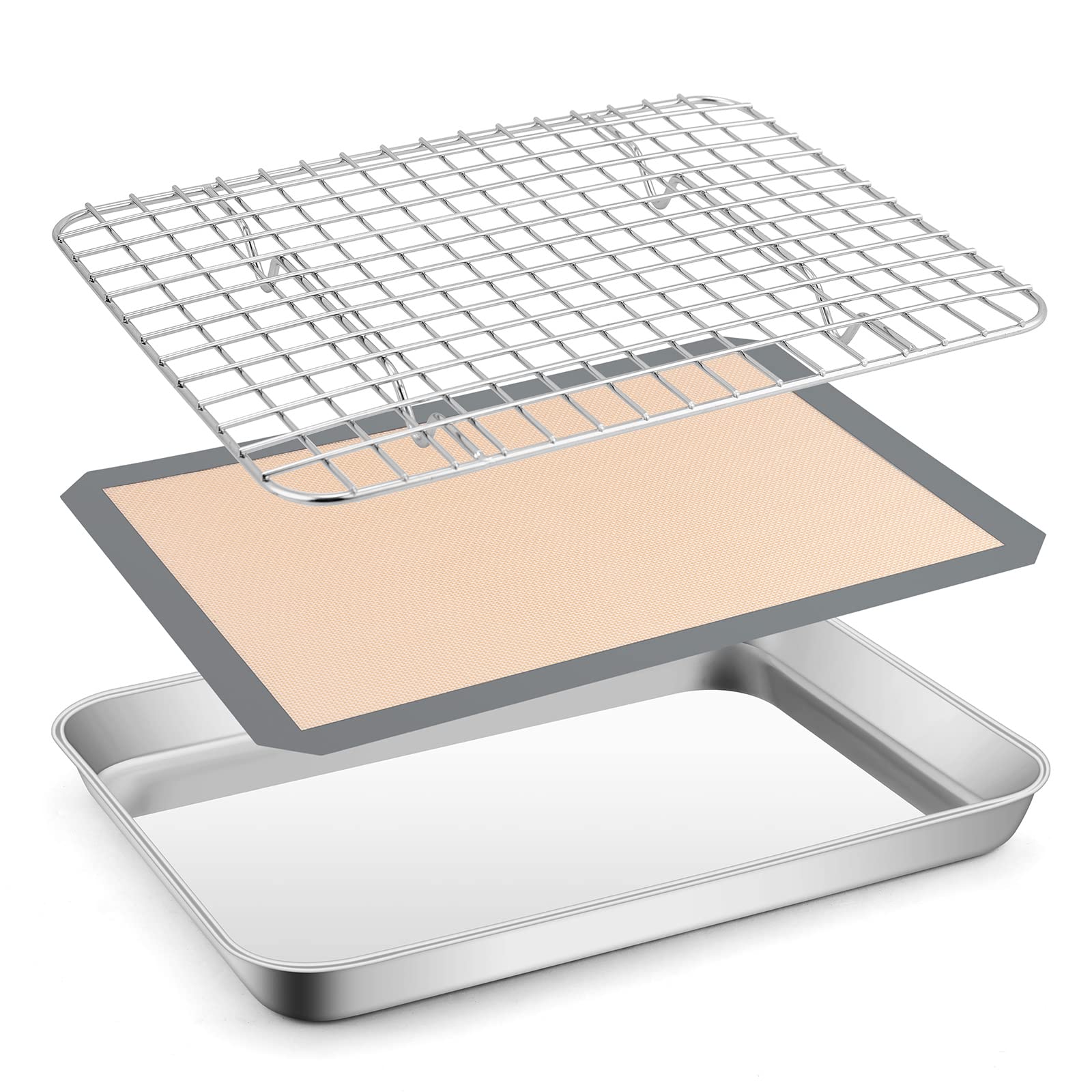 Toaster Oven Baking Sheet Set, E-Far 10.5   X8.3    Small Stainless Steel Cookie Sheet Pan With Wire Rack & Silicone Mat For Coo