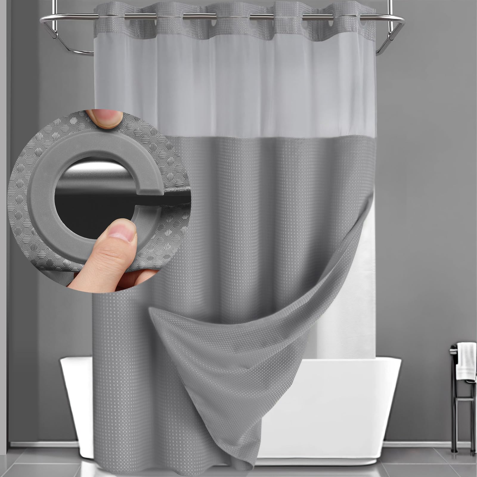 YellyHommy No Hook Shower Curtain with Snap in Liner Set Less Time Grey Waffle Shower Curtain for Bathroom 75 L x 54 W Gray