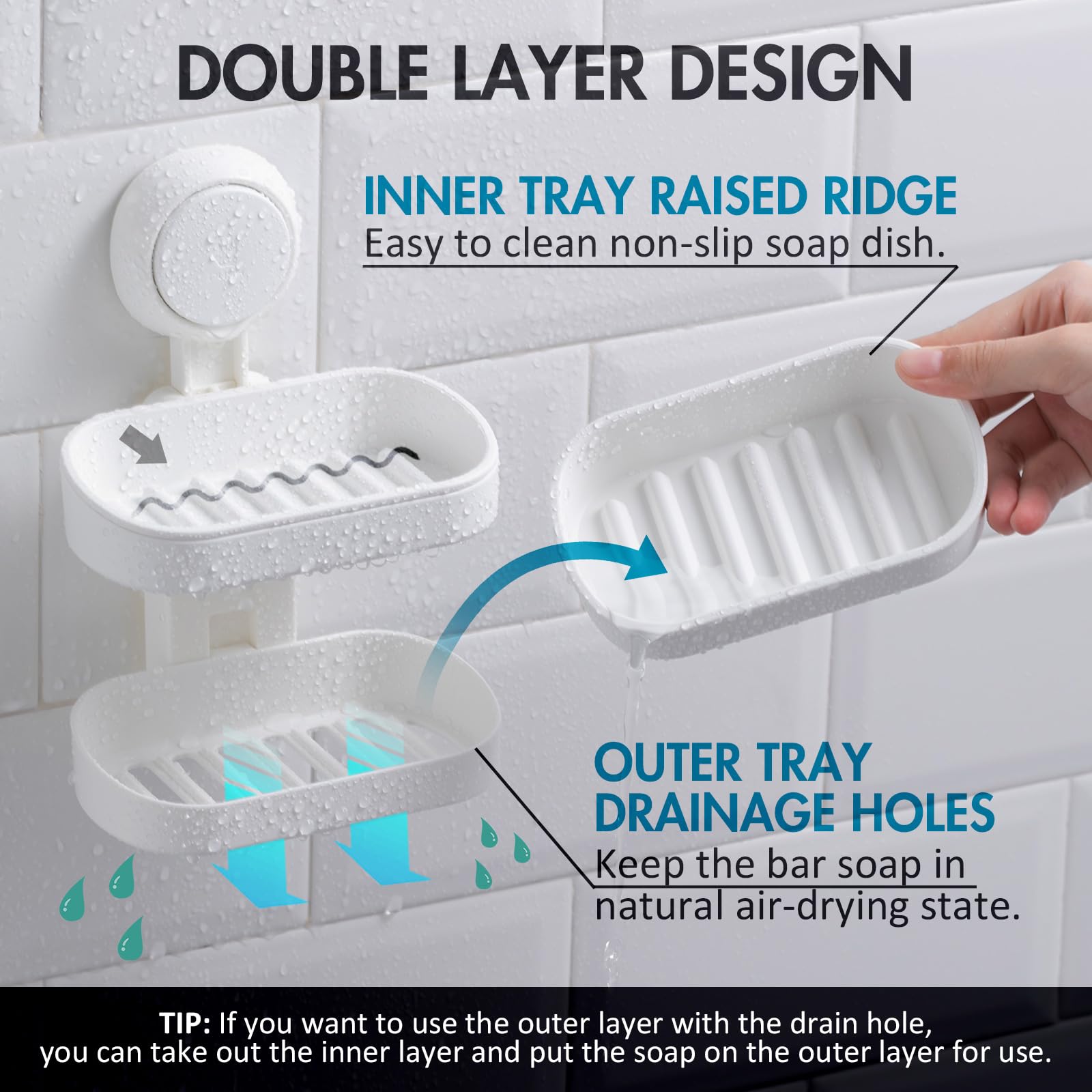 Leverloc Soap Dish Soap Holder For Shower Double Layer Suction Cup Wall Mounted No-Drilling Self Draining Removable Waterproof S