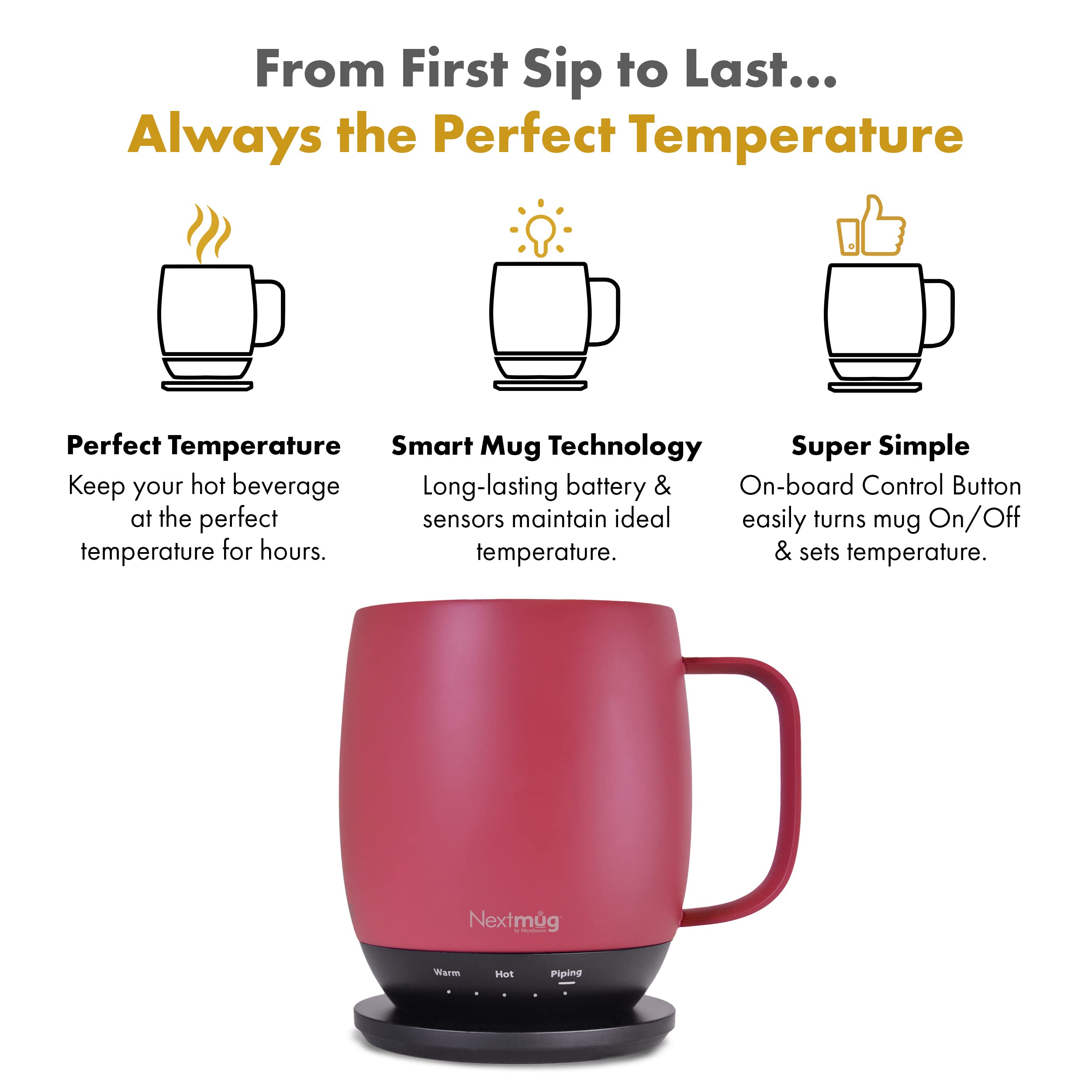 Nextmug - Temperature-Controlled  Self-Heating Coffee Mug (Dusty Rose - 14 oz.)