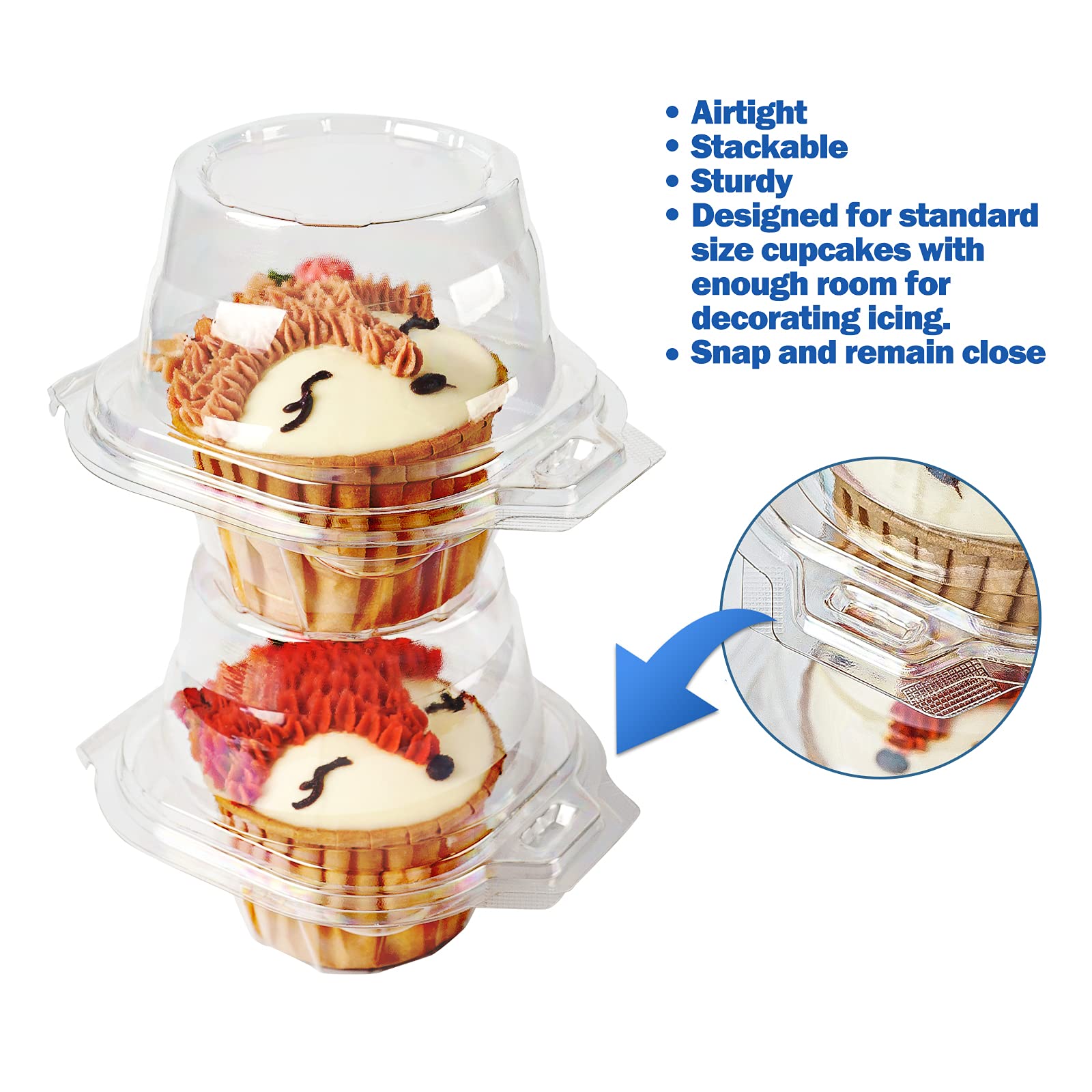 Ihongbei 50 Packs Individual Cupcake Containers Stackable Single Compartment Cupcake Disposable Carrier Holder Box Deep Dome Cle