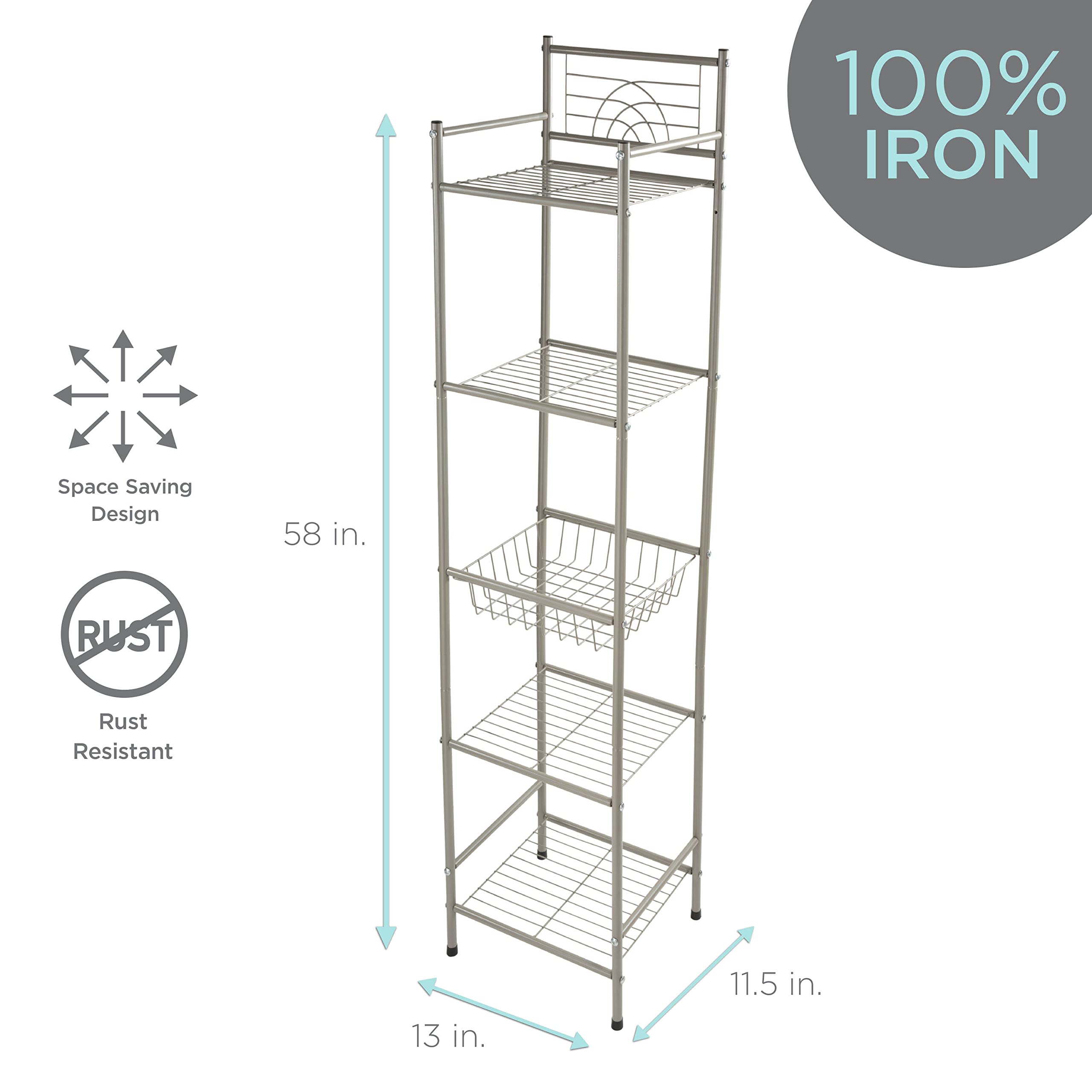 Bath Bliss 5 Tier Storage Shelf | 13''X 11.6''X 58.5'' | Freestanding | Bathroom Storage | Rust Resistant | Easy Assemble | Sati