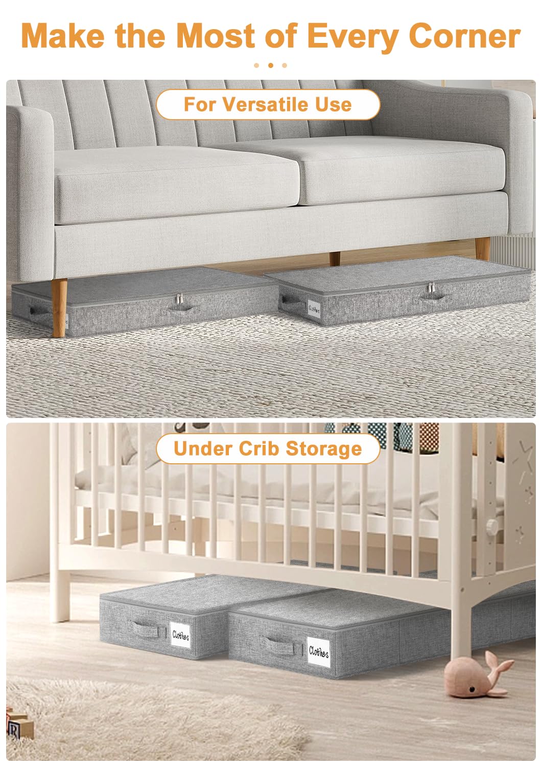 punemi Under Bed Storage Containers, 2 Pack 4.5 Inch Tall Low Profile Underbed Clothes Storage Organizer Bin with Sturdy Side &