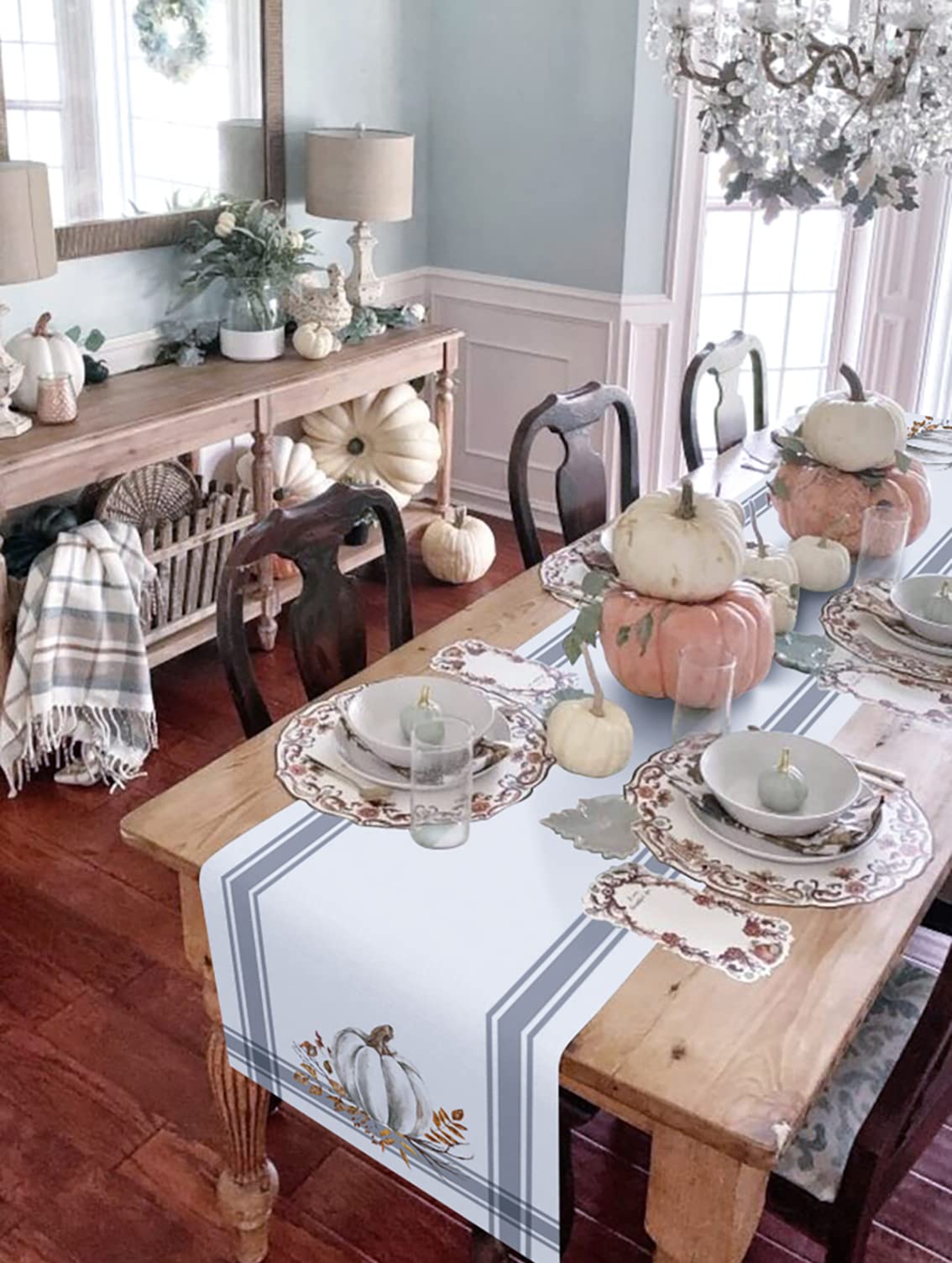 Fall Thanksgiving Table Runners 70 Inch Decorations White Pumpkin Leaf Branch Runners For Dining Tables Gray Stripes Autumn Dinn