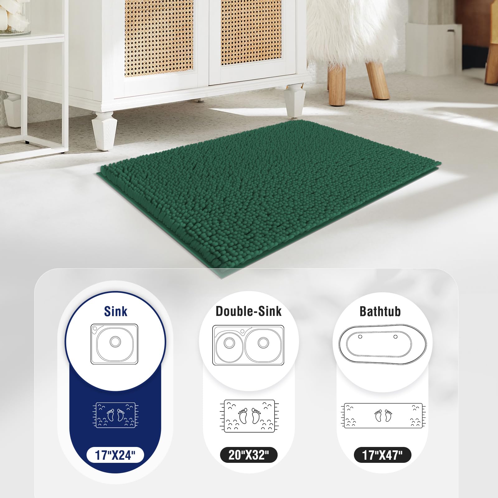 Techmilly Soft Fluffy Chenille Bathroom Rugs, Non Slip Absorbent Bath Mats For Bathroom, Washable And Quick Dry, Green, 17'' X 2
