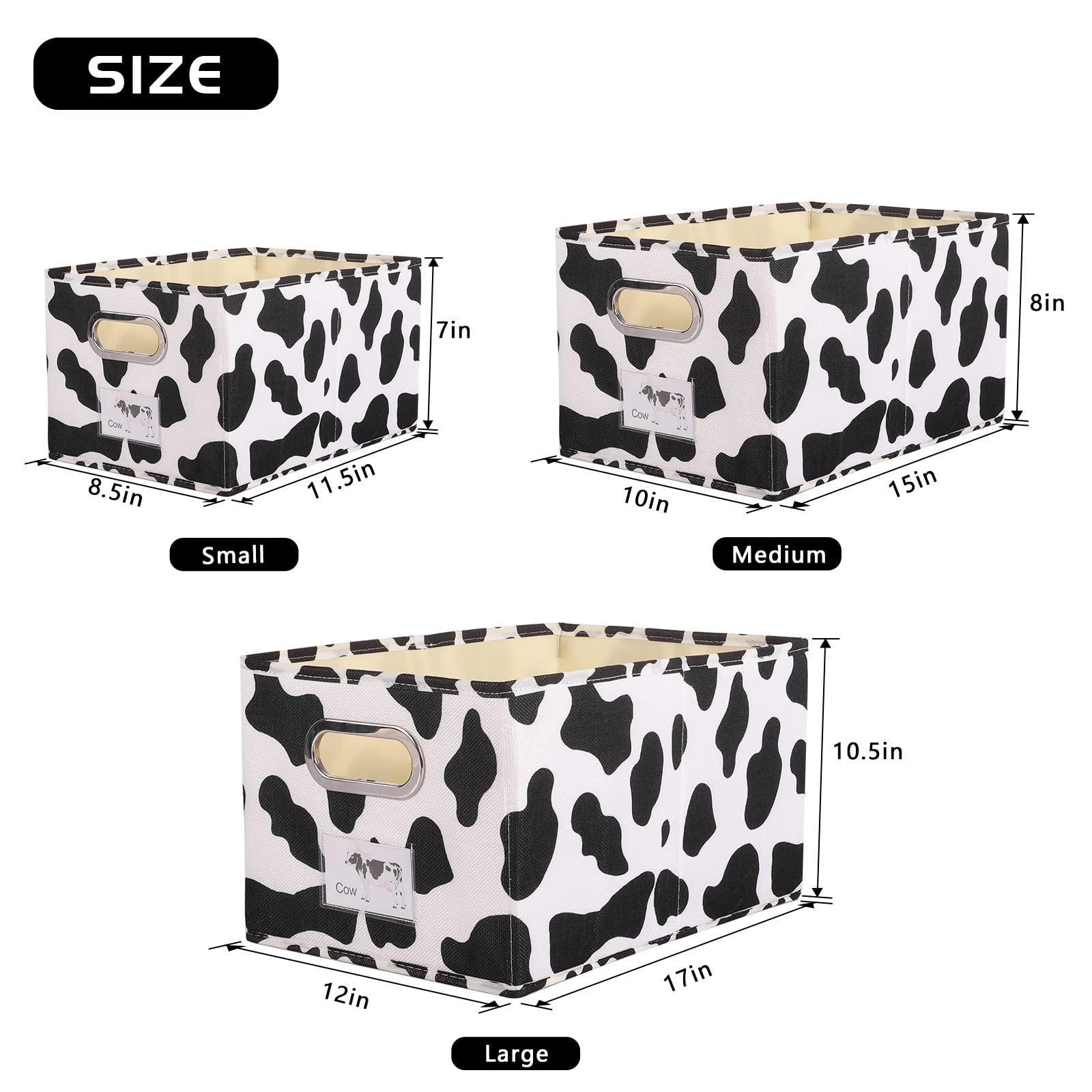 Anminy Fabric Storage Bin Cow Print Cotton Linen Foldable Open Storage Basket Box With Handles Pp Plastic Board Label Window Poc