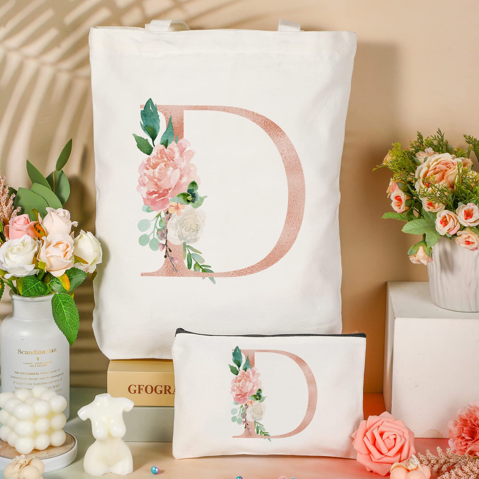 2 Pcs Initial Canvas Tote Bags Floral Letter Travel Cosmetic Bags Personalized Beach Bags Monogrammed Bags Portable Makeup Zippe