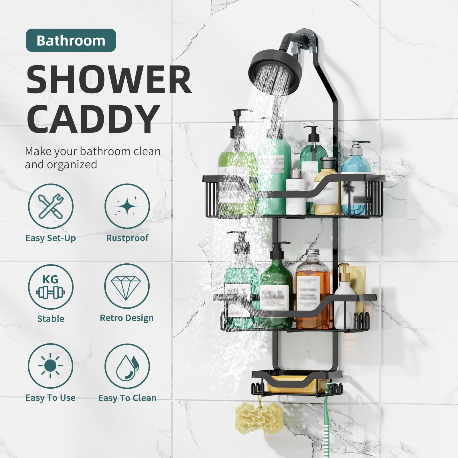 Gaokase Shower Caddy Hanging, Shower Caddy Over Shower Head Organizer Rust Proof Metal Large Bathroom Shower Organizer Hanging W