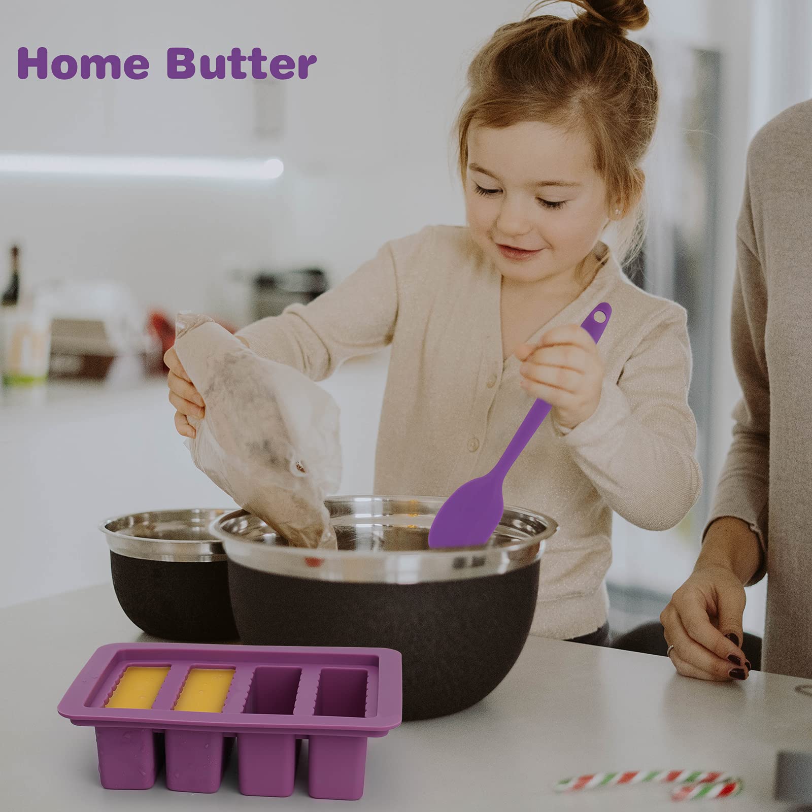 KeFanta Silicone Butter Mold Tray with Lid, Large Rectangle Container for Homemade Butter, Purple, Includes Food Grade Spatulas