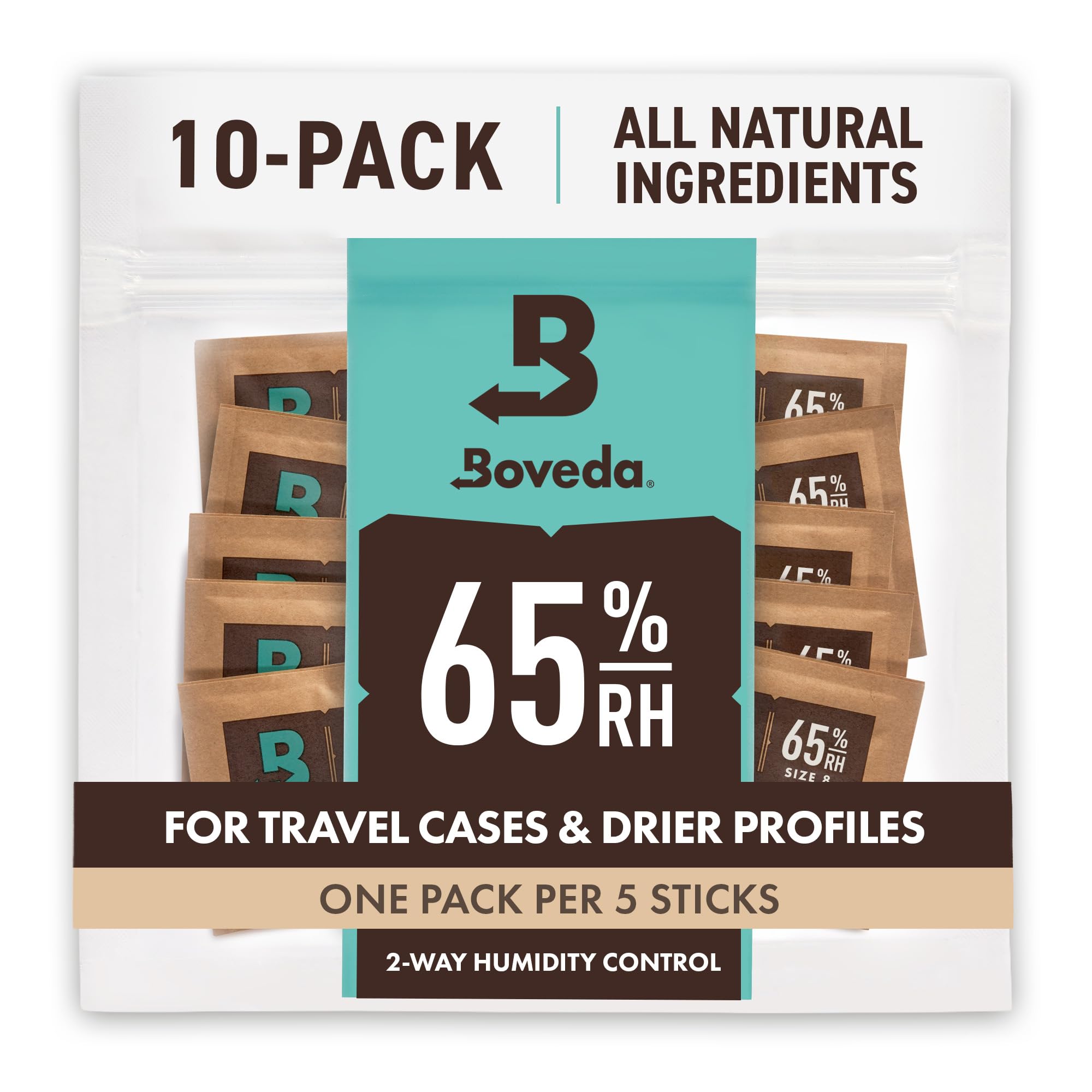 Boveda 65% Two-Way Humidity Control Packs for Storing Up to 5 Items - Size 8 - 10 Pack - For Small Travel Boxes - Moisture Absor
