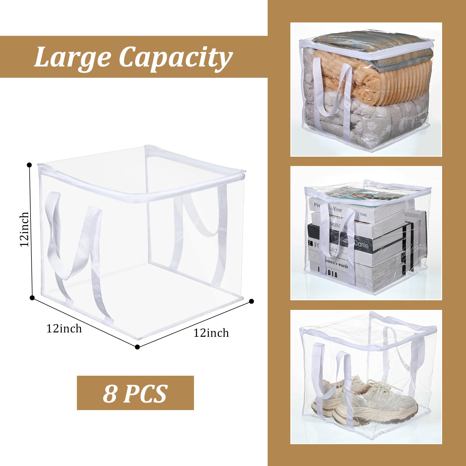 8 Pcs Clear Zippered Organizers 12''x12''x12'' Moving Bags with Reinforced Handles Heavy Duty Storage Cube Tote Storage Blanket