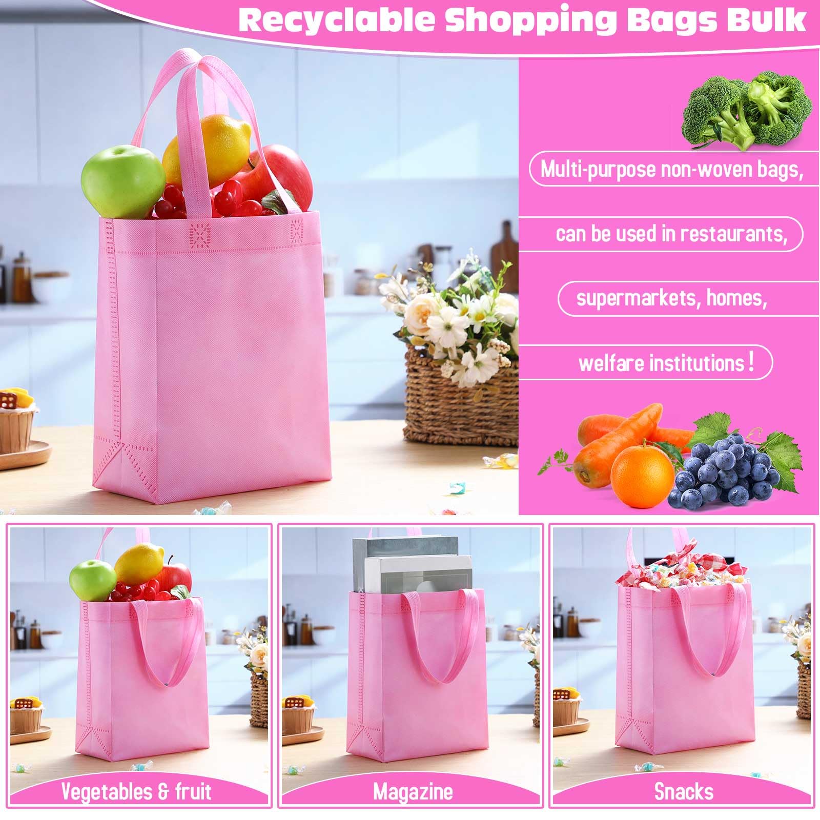 Windyun 50 Pcs Reusable Tote Bag Bulk 8 x 4 x 10 Inch Non Woven Shopping Bag with Handle Christmas Reusable Grocery Gift Tote(Pi