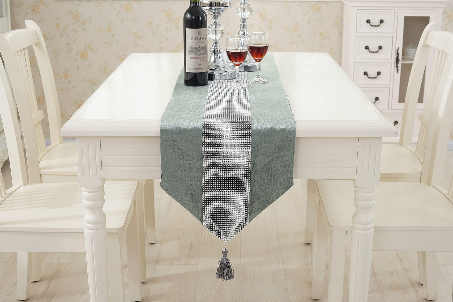 Hemiaor 13''X84'' Rhinestone Table Runner With Tassel Decoration For Party And Wedding,Grey