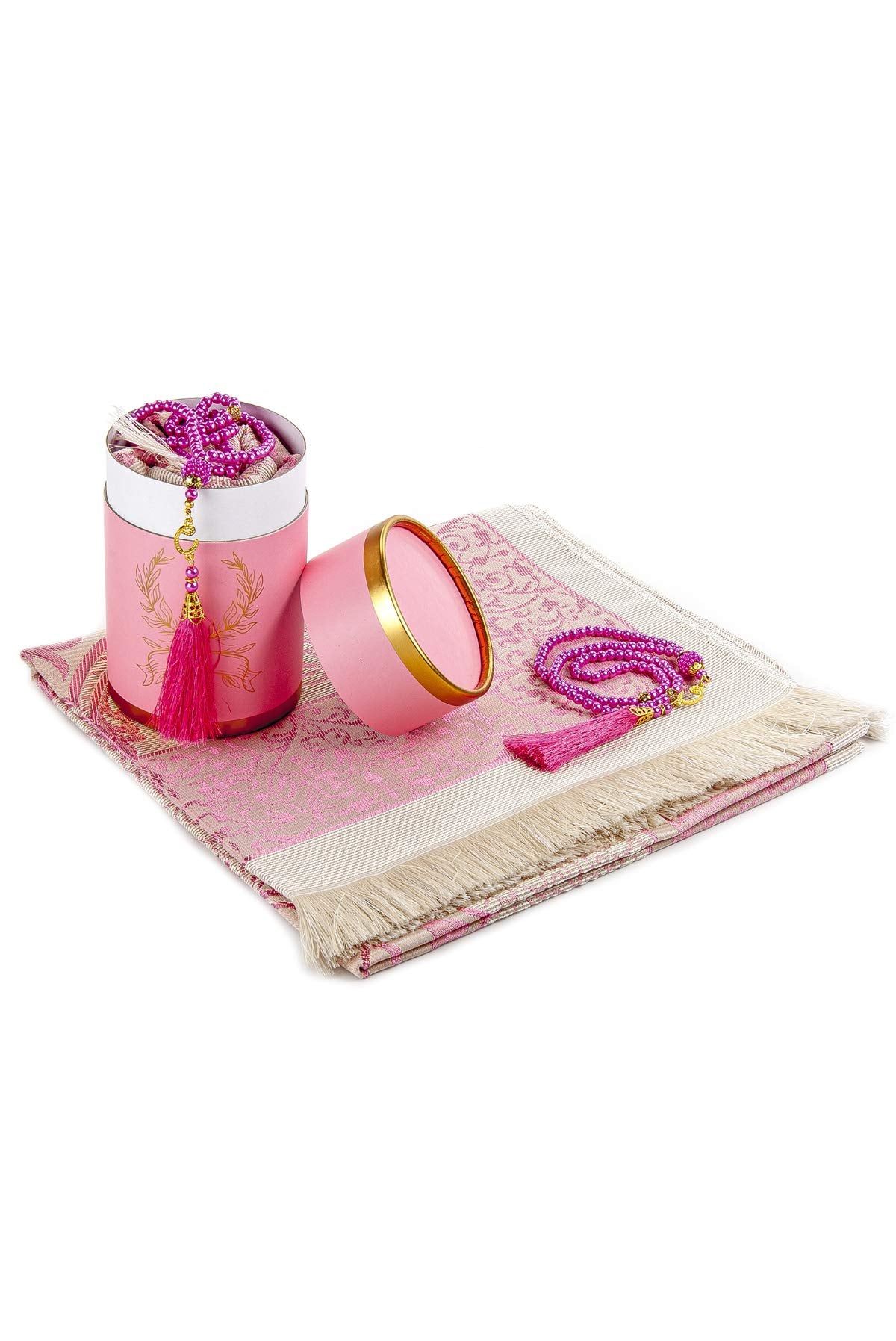 ihvan online Muslim Prayer Rug and Prayer Beads with Elegant Design Cylinder Gift Box, Janamaz, Soft Sajadah, Islamic Gifts Set,