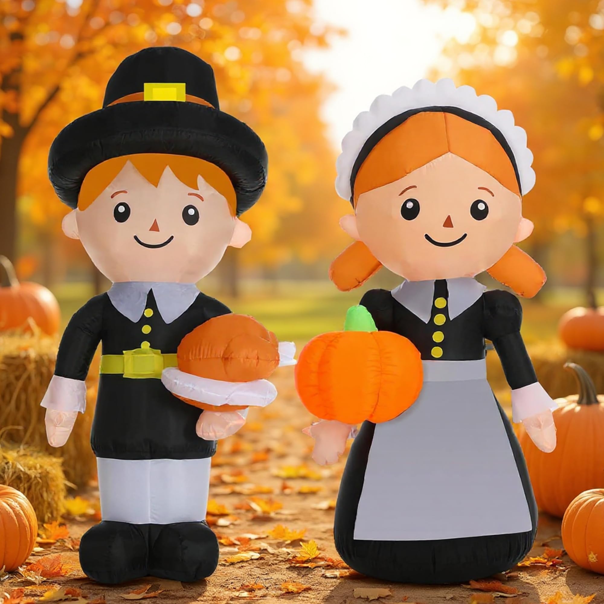 Leyndo 6.3 ft Thanksgiving Pilgrim Inflatable Decoration, 2 Pcs Fall Pilgrim Blow up Outdoor Decoration with LED Lights Harvest 