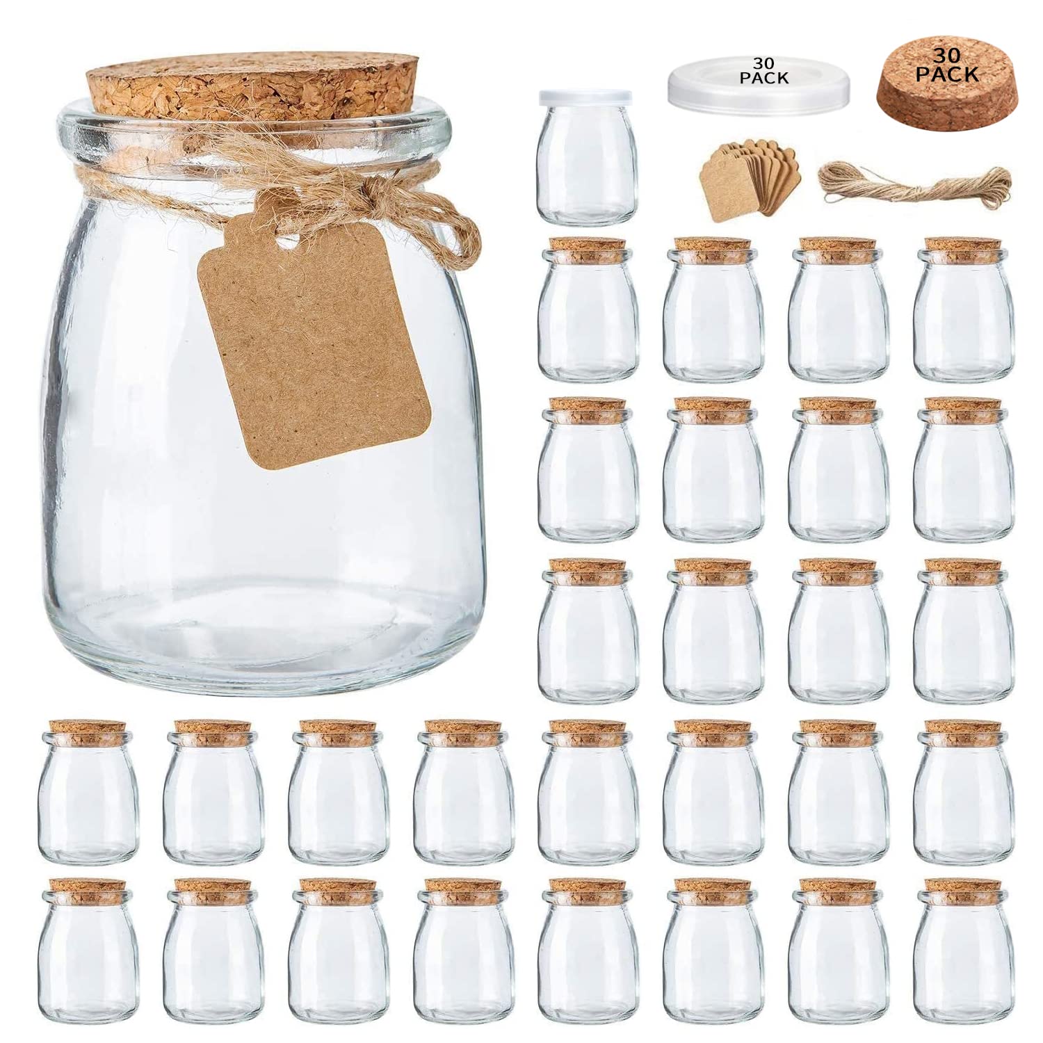Mini Yogurt Jars 30 Pack, 7 Oz Glass Favor Jars With Cork Lids, Pudding Containers With Lids, Mason Jar Wedding Favors Honey Pot