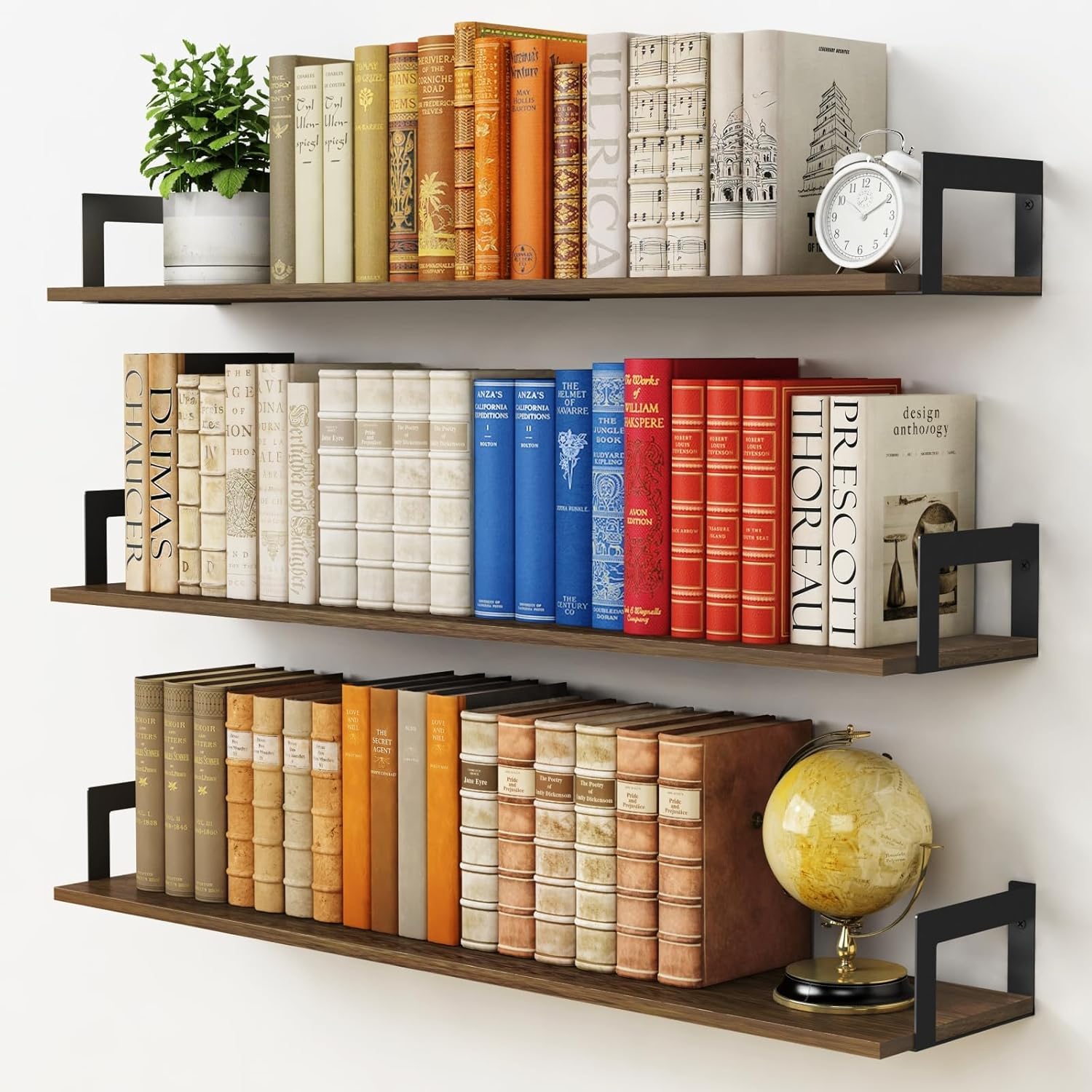 Firebees Wooden Wall Book Shelf Set Of 3 | 32X6X6 Inch Book Shelf Wall Mounted With Metal Holder | Dark Brown Engineered Wood Ha