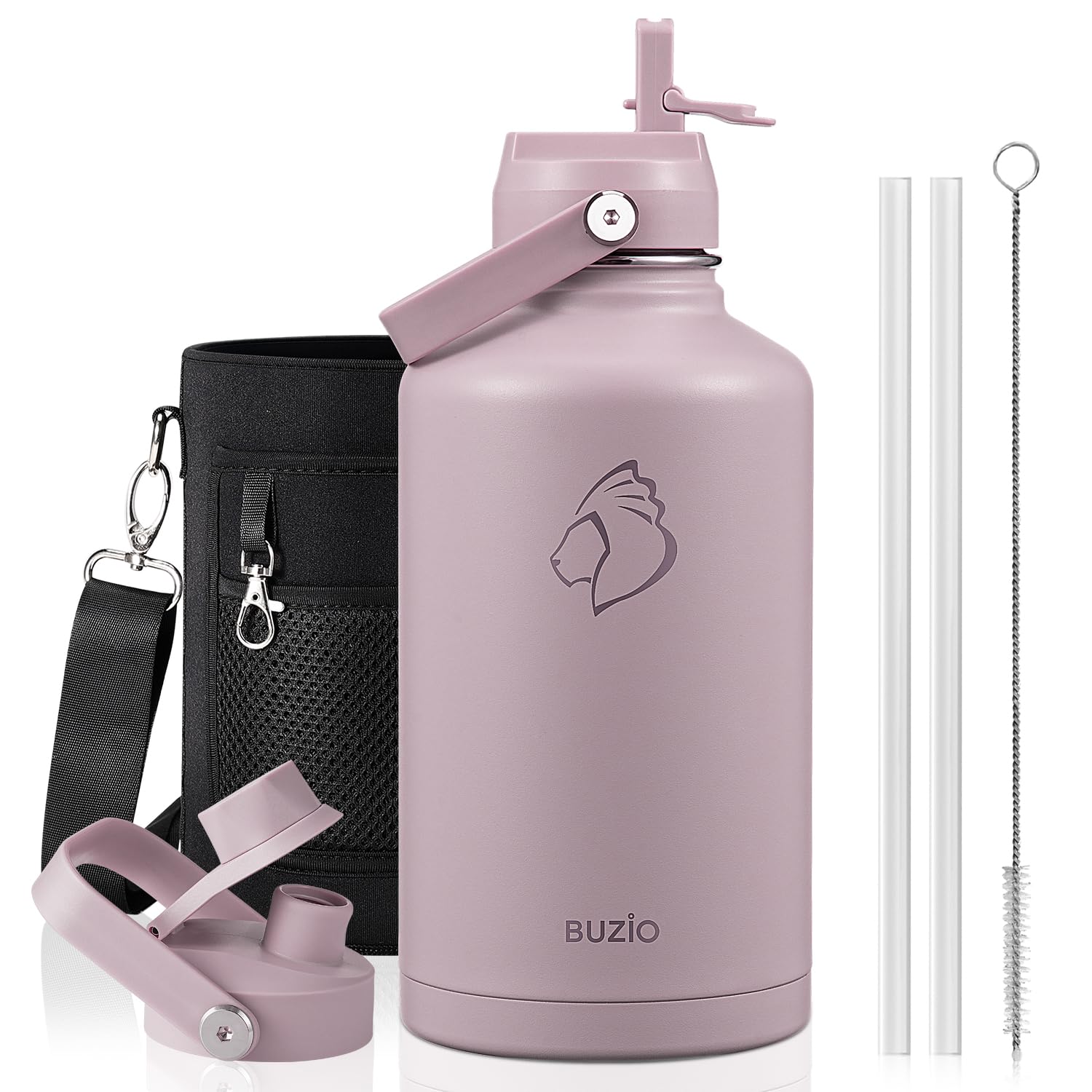 BUZIO 64oz Insulated Water Bottle, Half gallon Stainless Steel Jug (Cold for 48 Hrs), Triple Wall Vacuum Large Metal Flask with 