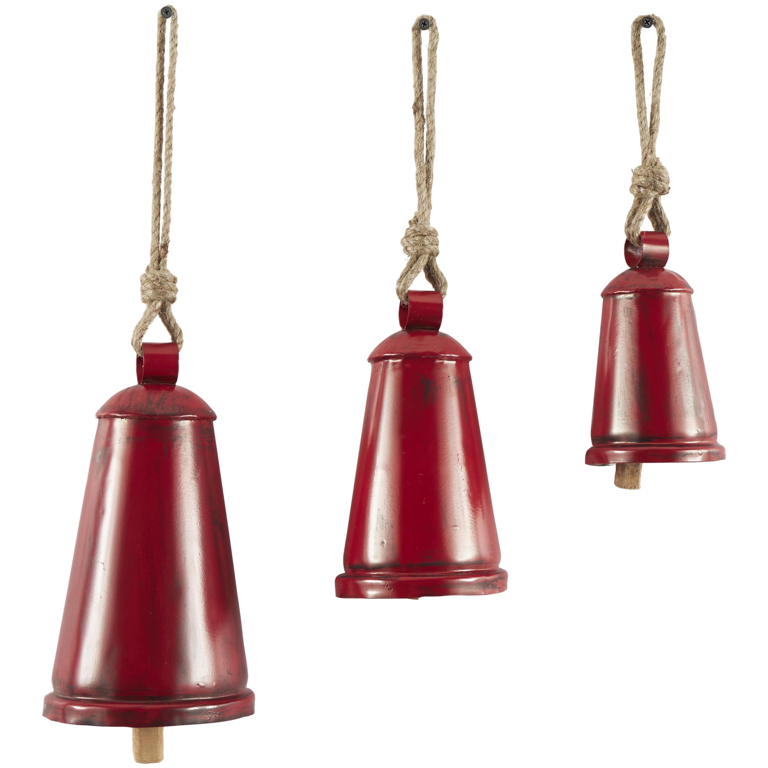 Deco 79 Metal Tibetan Inspired Decorative Cow Bells with Jute Hanging Rope, Set of 3 12,9,6H, Red
