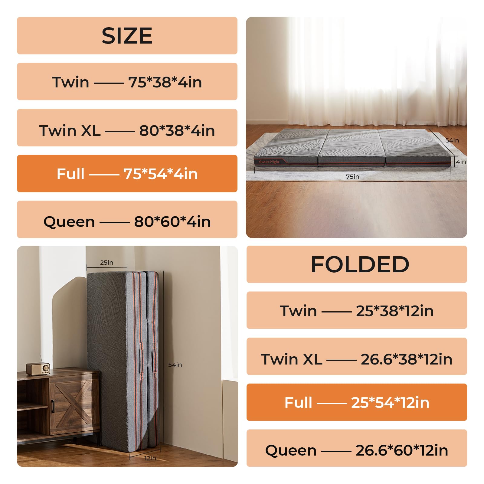 Sweetnight Trifolding Mattress With Storage Bag - 4 Inch Grey Twin Xl Size Memory Foam Mattress With Washable Cover | Foldable M