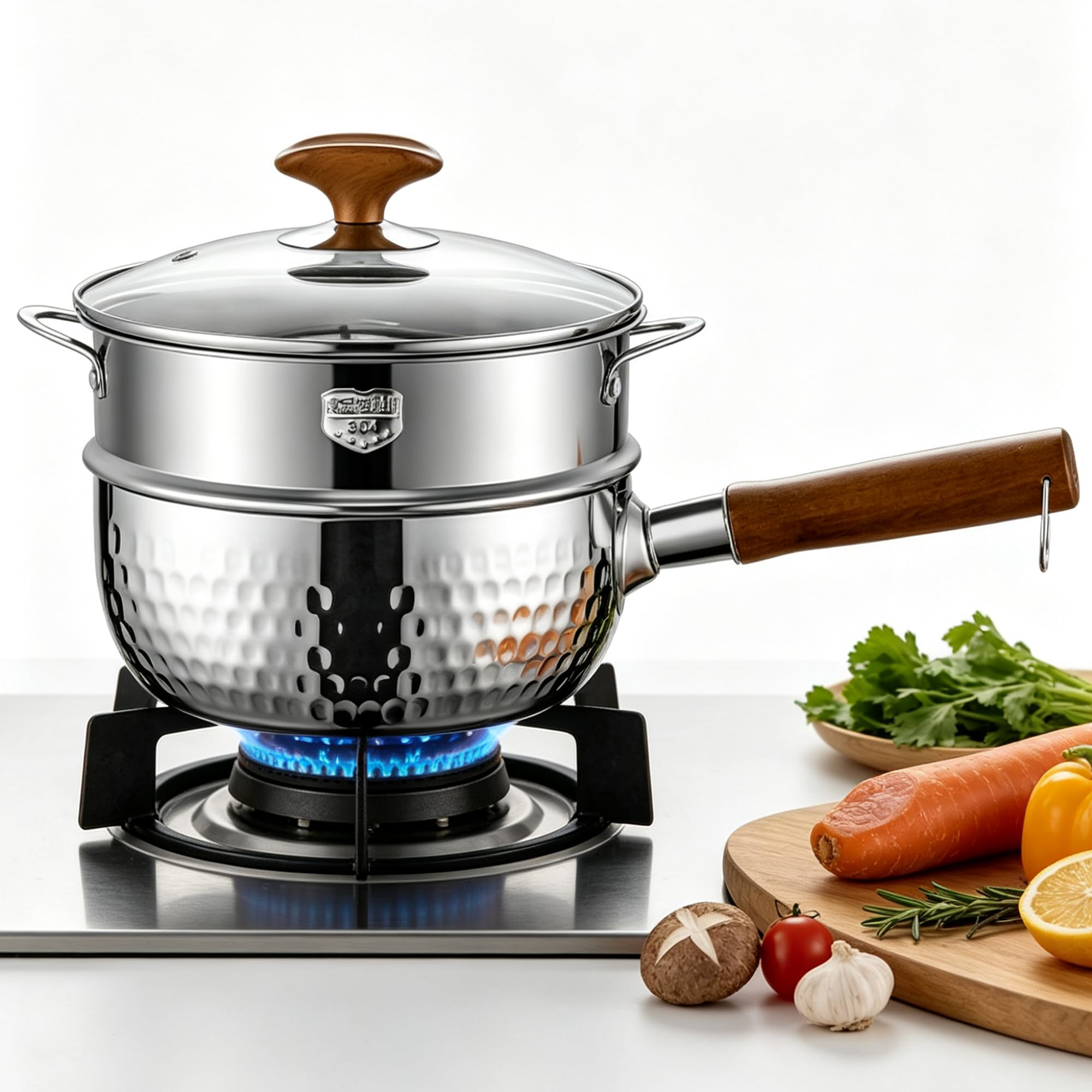 MANO 2.5Qt Saucepan with Lid and Steamer Basket 304 Stainless Steel Milk Pot with Double Pour Spouts, Wood Handle for Soup, Oatm