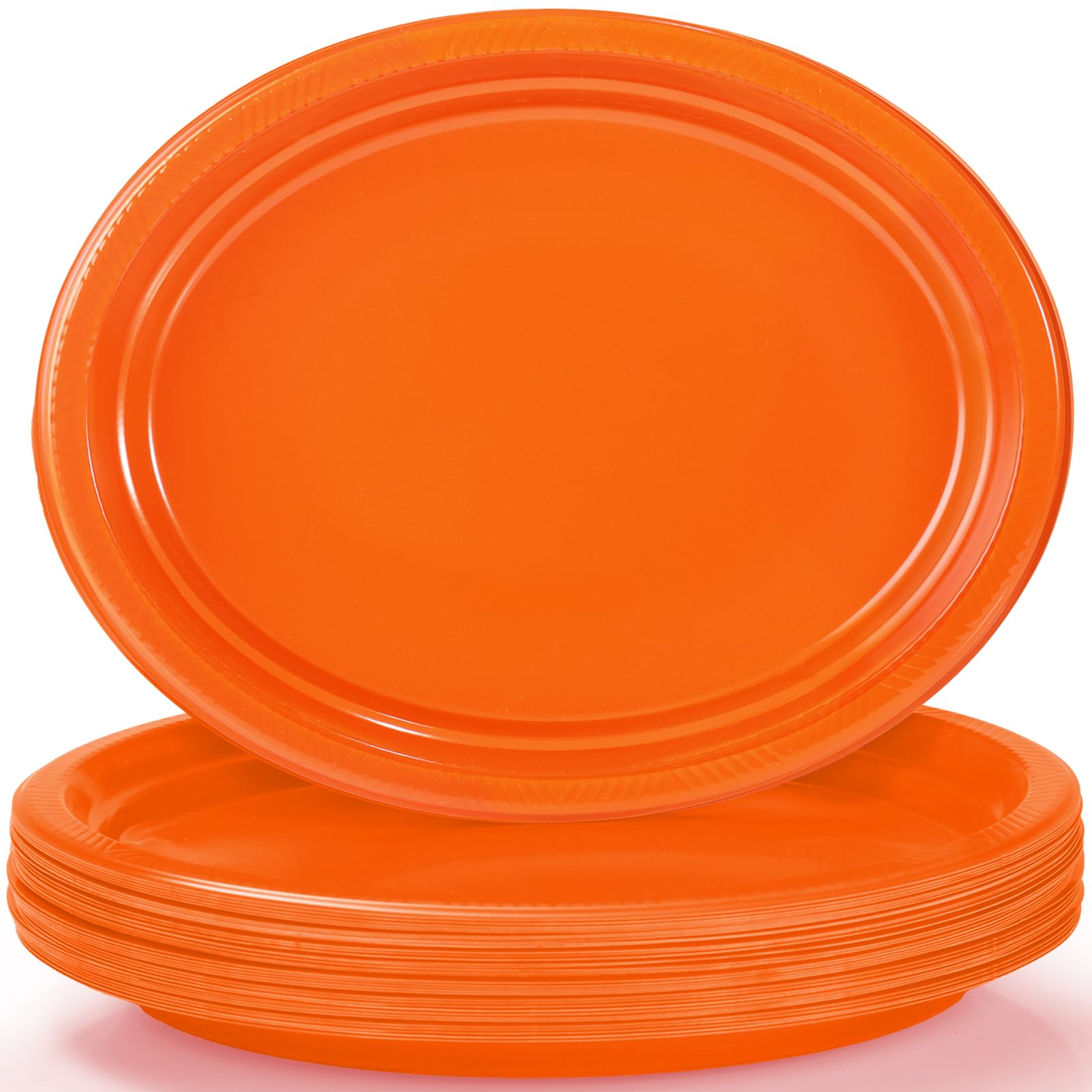 Bonsiny 50 Count Orange Plastic Plates Disposable 10'' X 12'' - Oval Plastic Dinner Plates For Birthday Wedding Picnic Valentine