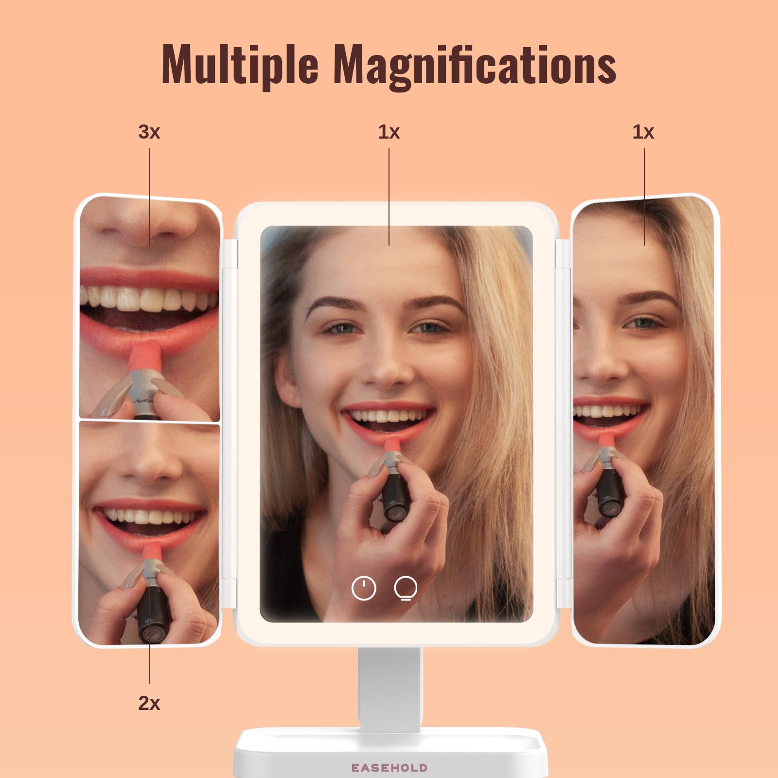 Easehold Lighted Makeup Mirror, Rechargable Vanity Mirror With Magnification, 2X 3X, Trifold Makeup Mirror With Touch Control, 3