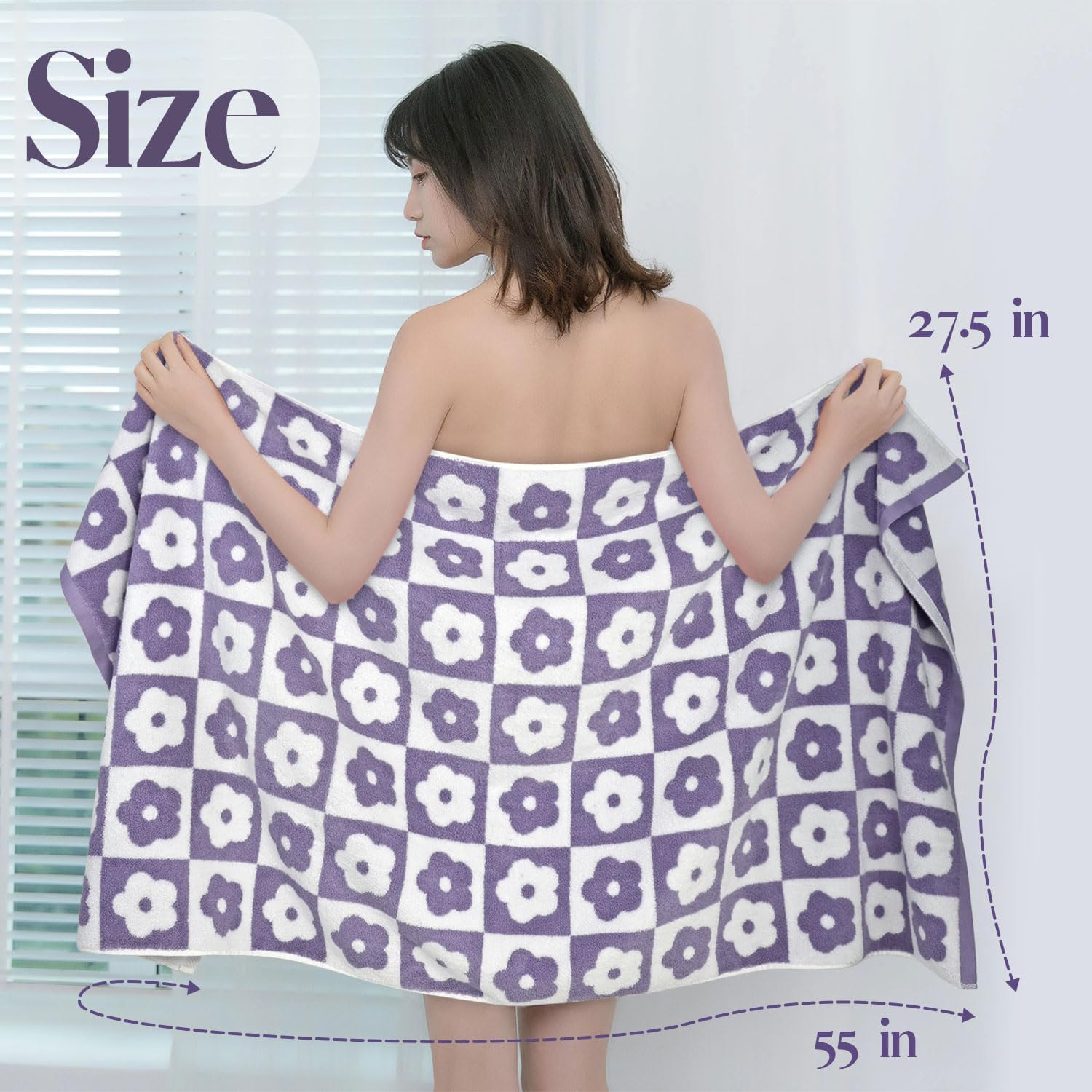 Jacquotha Cotton Bath Towels Pack Of 2 With Lilac Checkered Floral Charm - Luxury Lightwieght Quick Dry Towels For Bathroom Show
