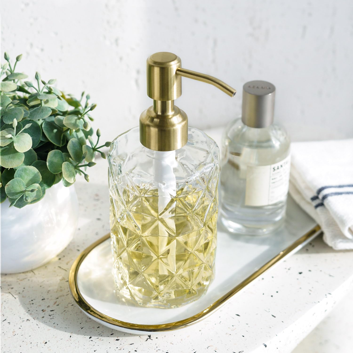 Jasai Diamond Design Glass Soap Dispenser With Golden Pump, Refillable Hand Soap Dispenser For Kitchen, Soap Dispenser Bathroom