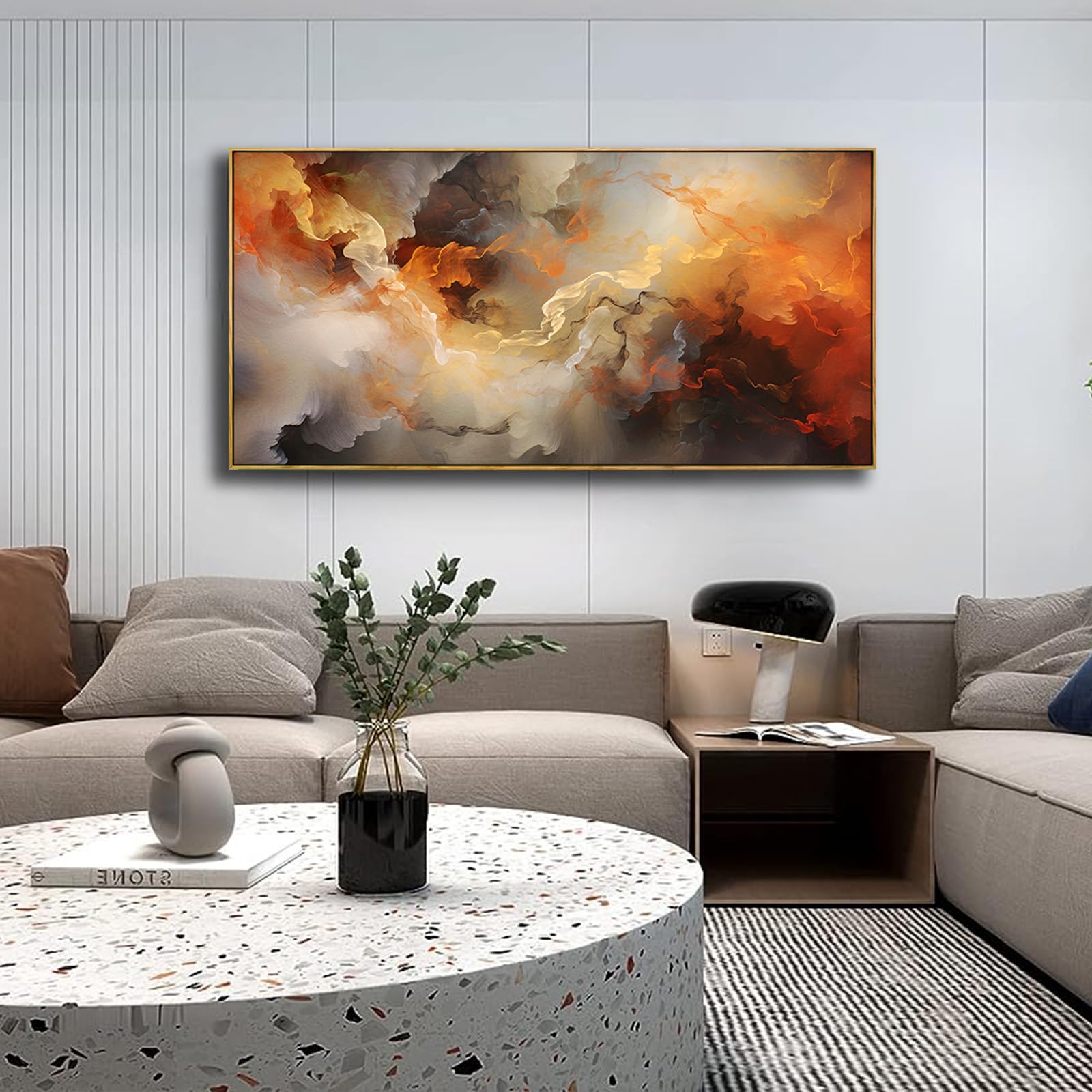 Vhming Abstract Wall Art Framed Ready To Hang Home Decor Orange White Artwork Wall Art Prints Canvas Painting Large Size For Liv