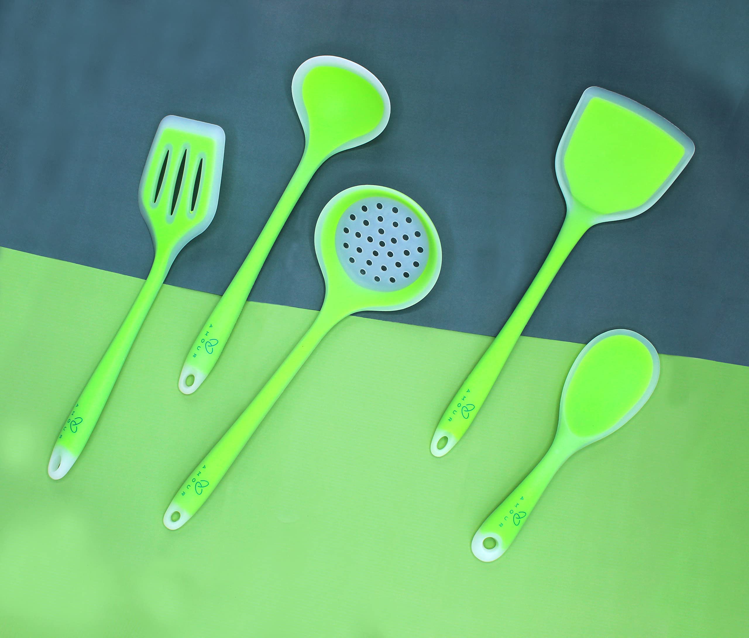 Amour Translucent Silicone Cooking Baking Serving Utensils Spatula Set For Nonstick Cookware, 5 Piece Green