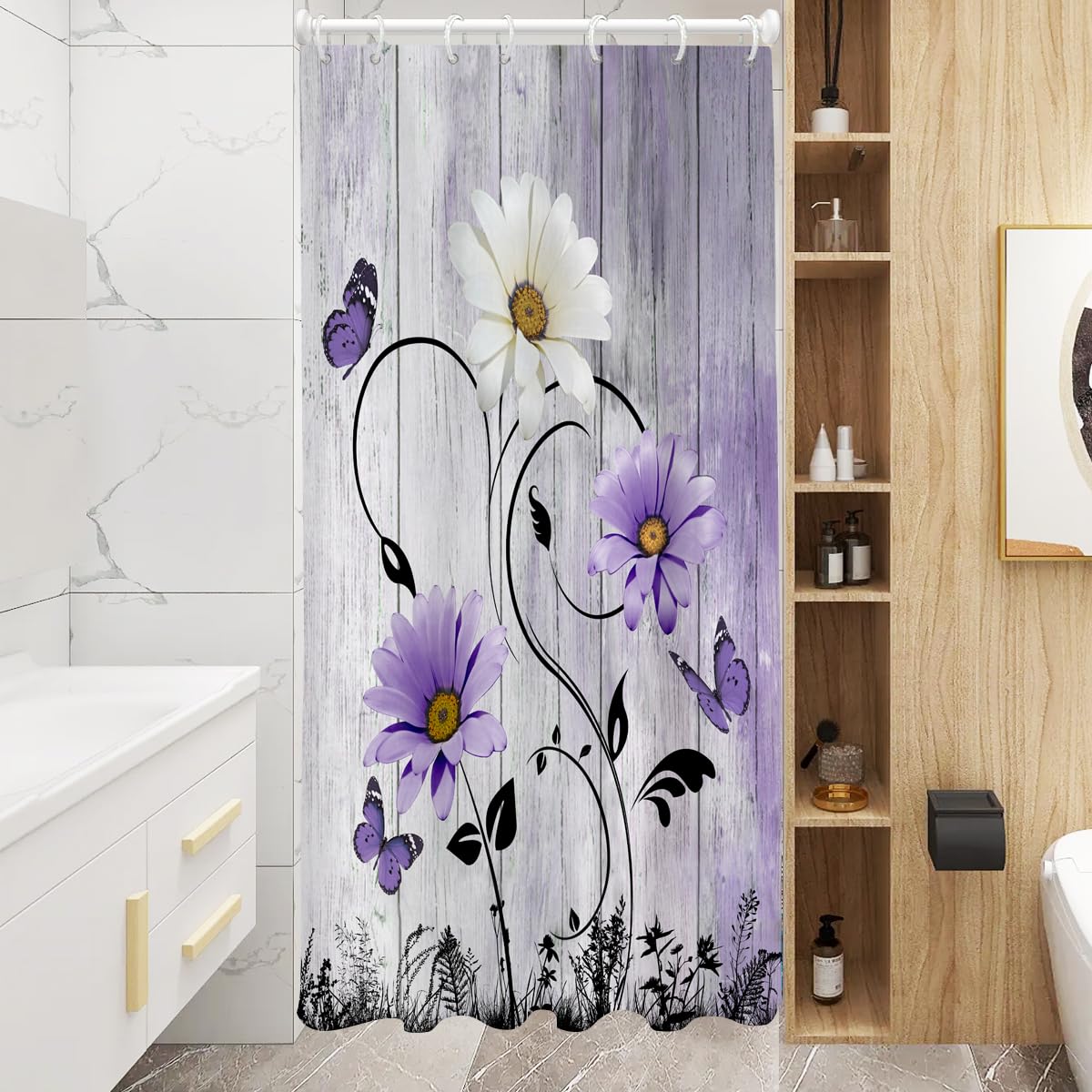 Aatter Purple Floral Shower Curtain Rustic Flowers Butterfly Daisy Stall Small Single Walk In Half Size Dorm Standing Narrow Sta