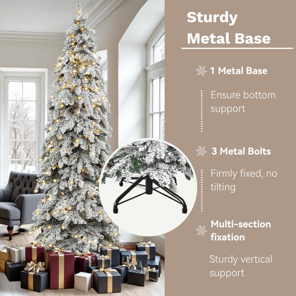 DWVO Pre-Lit Flocked Slender Spruce Artificial Christmas Tree Adorned with 72 Pine Cones, 11 FT Authentic Layered Christmas Tree