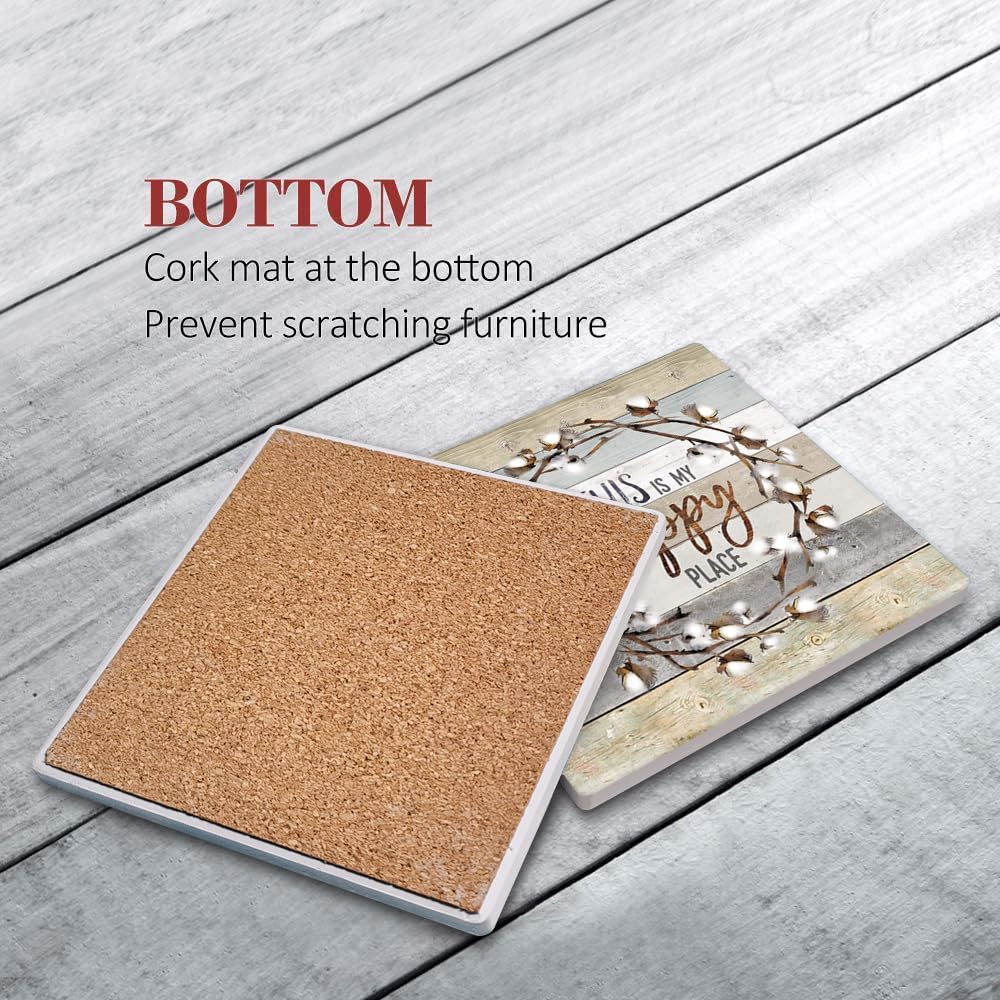 Britimes Coaster For Drinks Set Of 6, Worn Wood Absorbent Square Ceramic Stone Mat, With Cork Base And Metal Holder, Gift For Ho
