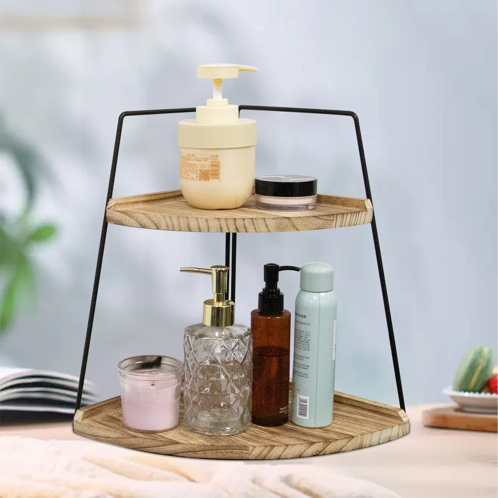 2 Tier Bathroom Counter Organizer,Standing Rack Cosmetic Holder,Wood Bathroom Organizer,Vanity Organizer Bathroom Counter Tray,F