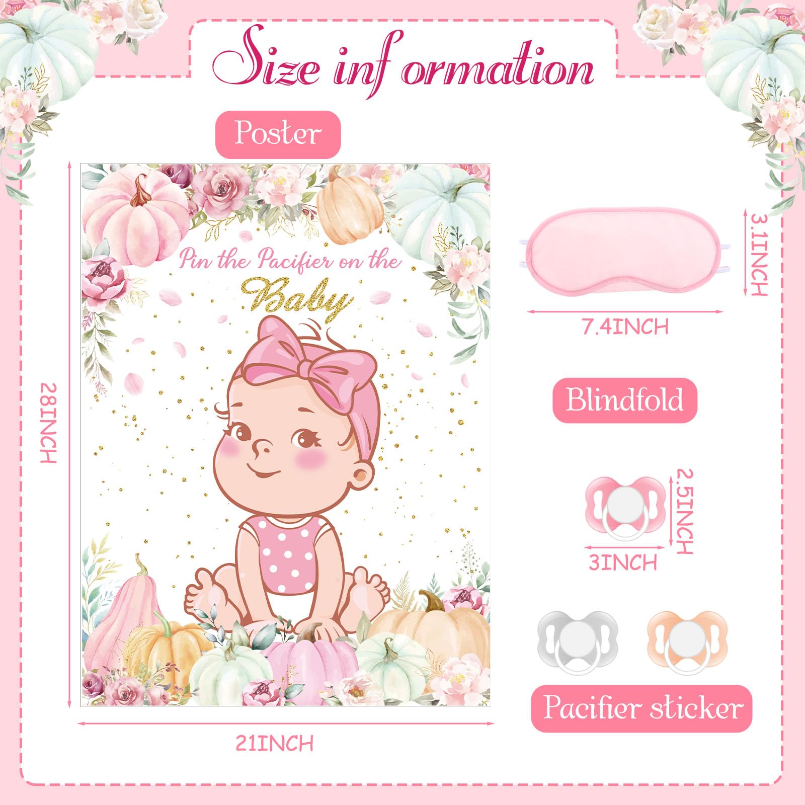 Faccito Pin The Pacifier Baby Shower Pumpkin Game Baby Shower Decorations Include Pink Pumpkin Poster 24 Pacifier Stickers and B