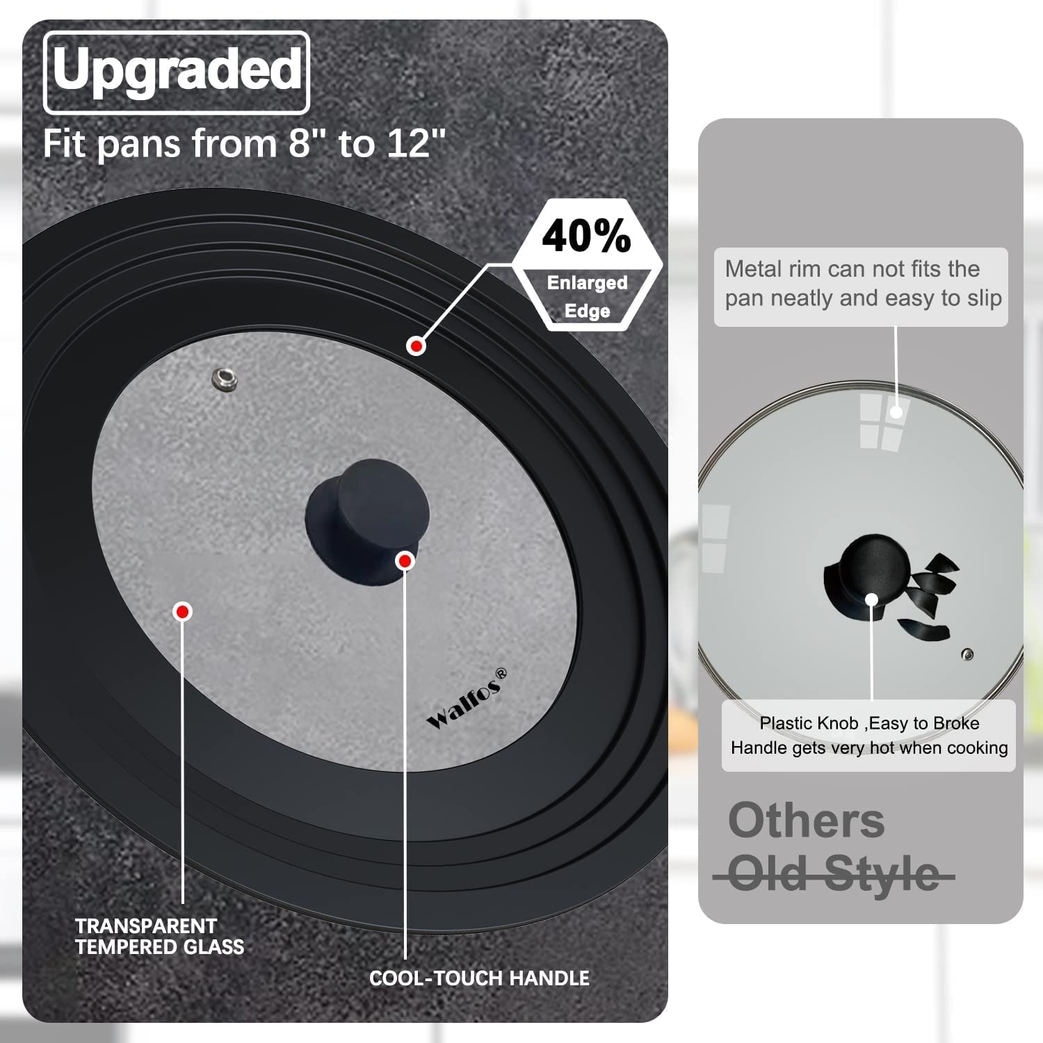 Walfos Universal Pan Lid - Pot Lid For Pots, Pans And Skillets, With Unique Enlarged Heat Resistant Silicone Rim And Tempered Gl