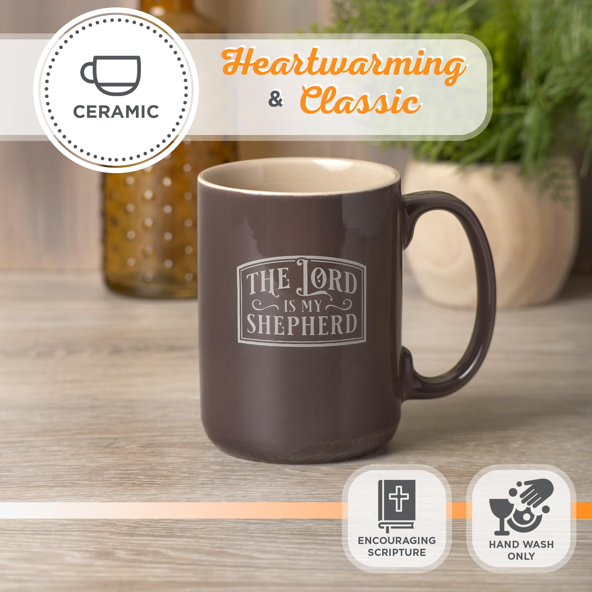 Christian Art Gifts Large Ceramic Coffee & Tea Mug for Men & Women: Lord is My Shepherd Bible Verse, Brown & Khaki Tan, 14 oz.