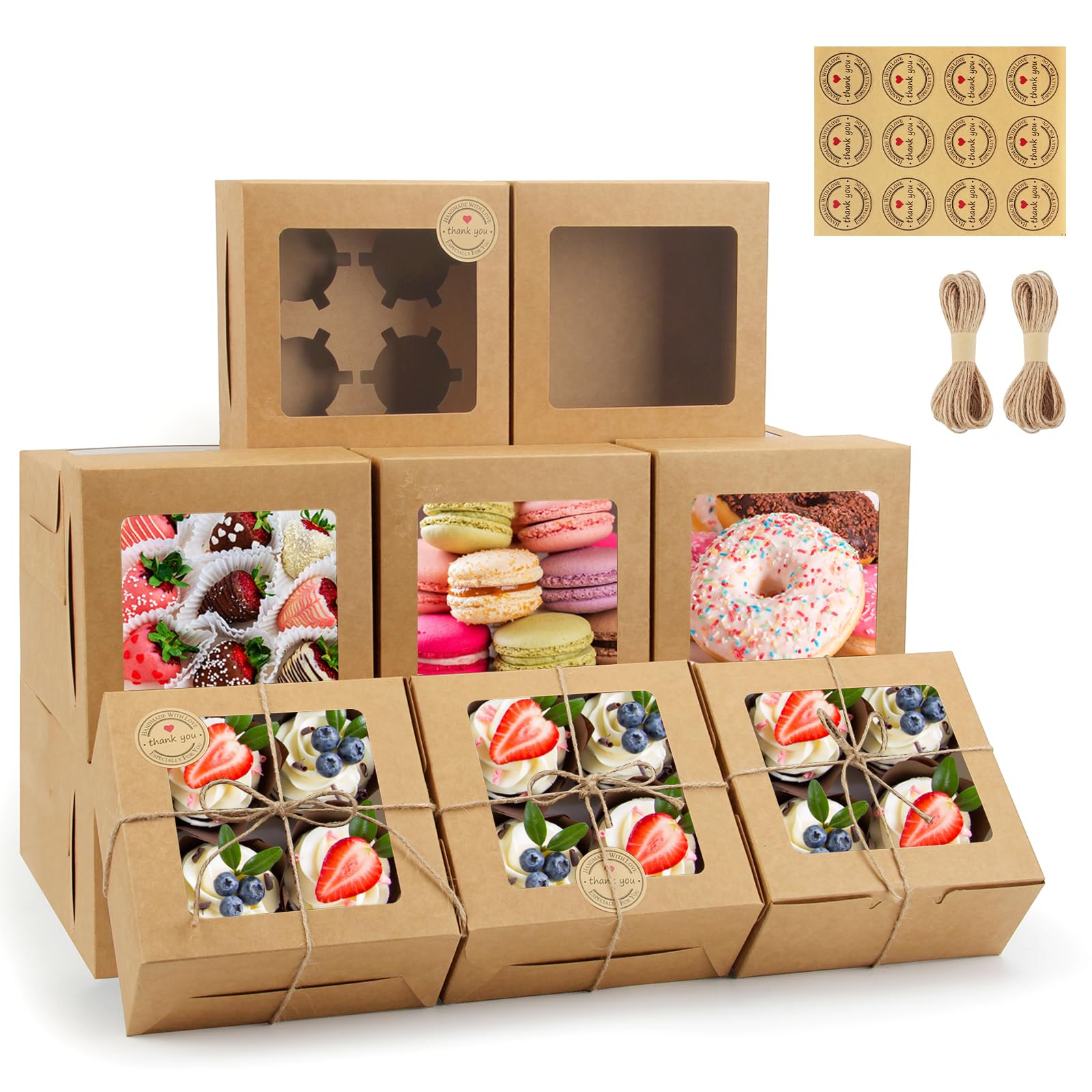 OAMCEG 50 PCS Cookie Boxes with Window, 6x6x3 Inch Cupcake Boxes, Brown Bakery Containers for Pastry, Dessert, Chocolate Strawbe