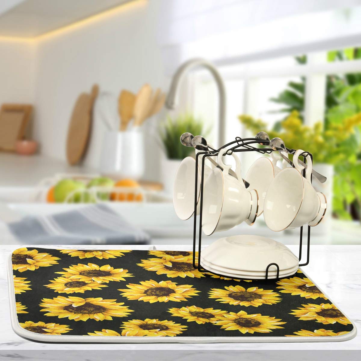 Sunflower Black Dish Drying Mat For Kitchen, Absorbent Microfiber Drying Pad Dish Mat, 16'' X 18''