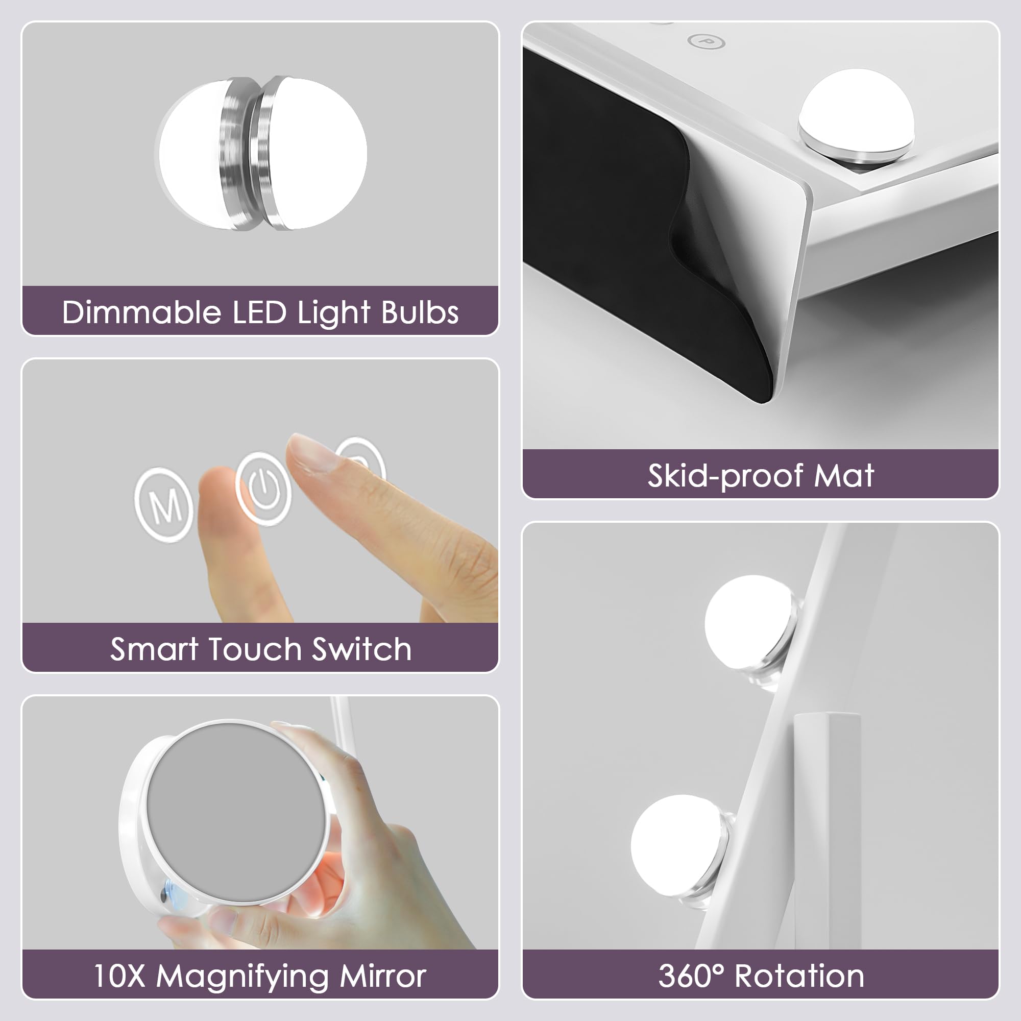 Sucedey Vanity Mirror with Lights, Makeup Mirror with Lights, 3 Color Lighting Modes Detachable 10X Magnification Mirror Touch C