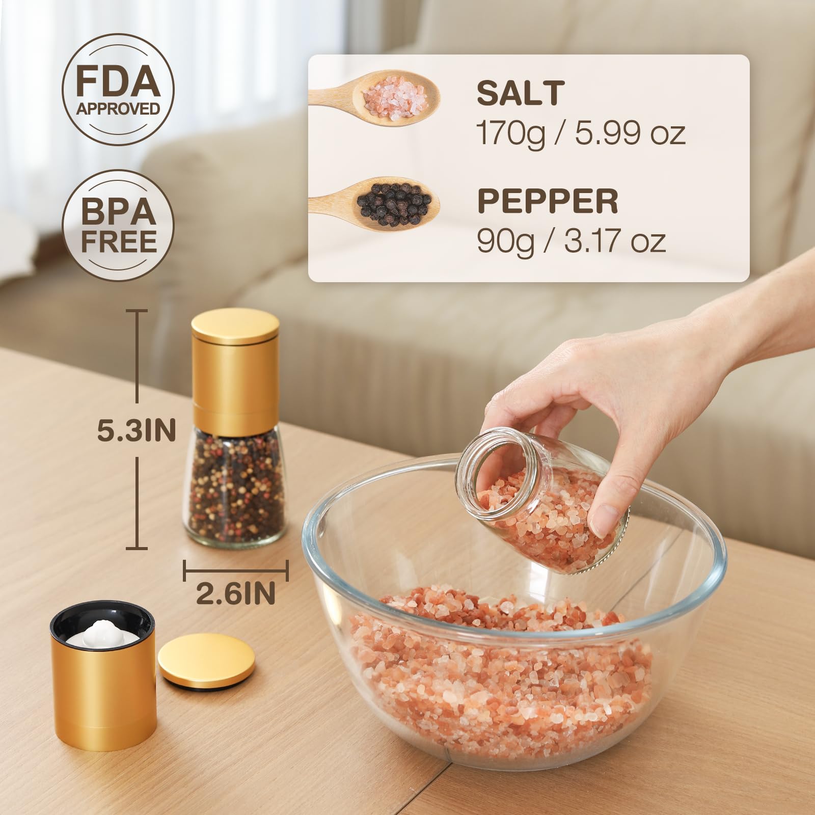 Vucchini Adjustable Coarseness Pepper Salt Grinder Mill - 2.6x2.6x5.3 inches, Gold Stainless Steel, Refillable Kitchen Shaker