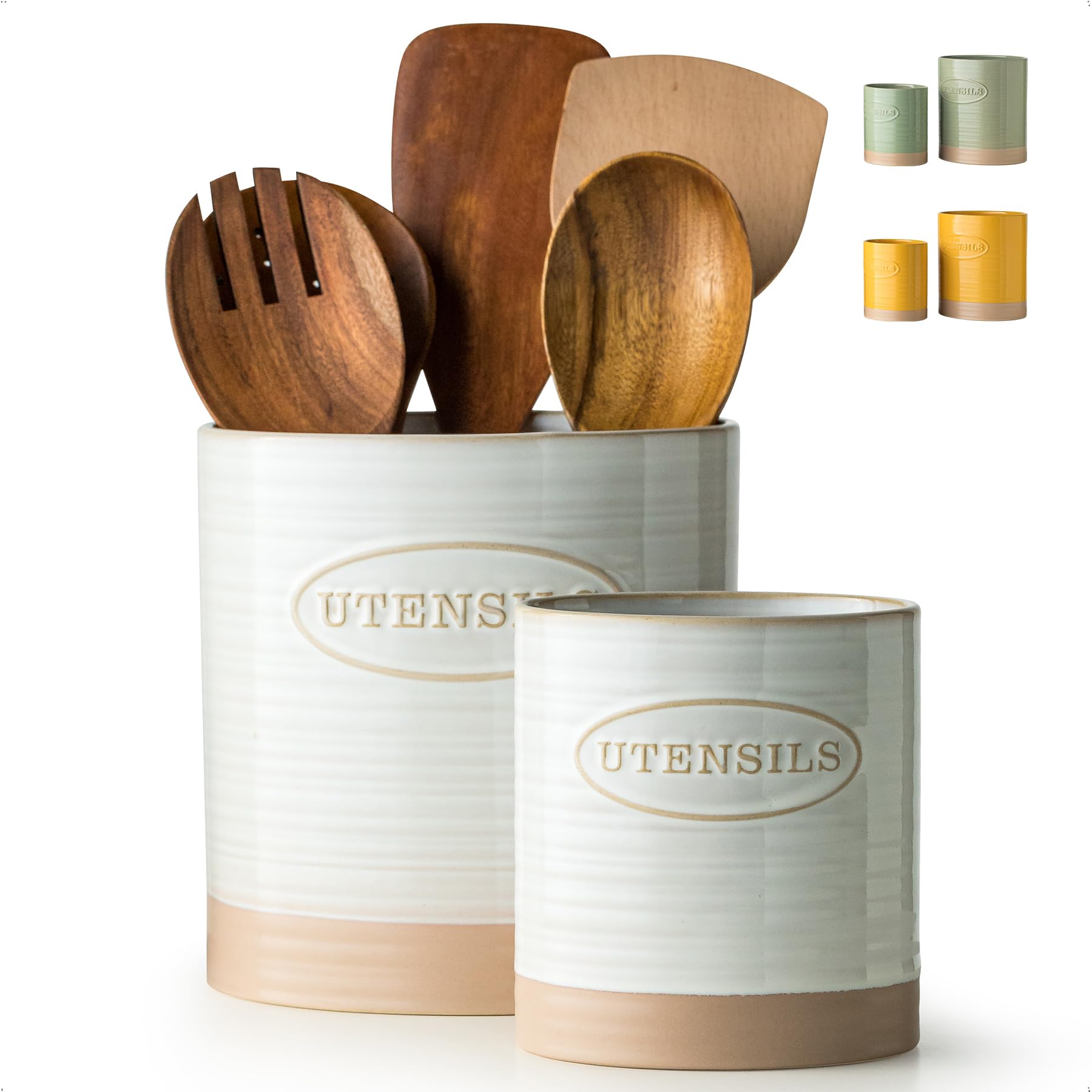 YHOSSEUN Utensil Holder Set of 2, Ceramic Utensil Holder for Kitchen Counter, 6.7+5.1 Kitchen Utensil Crocks Spatula Holder for 