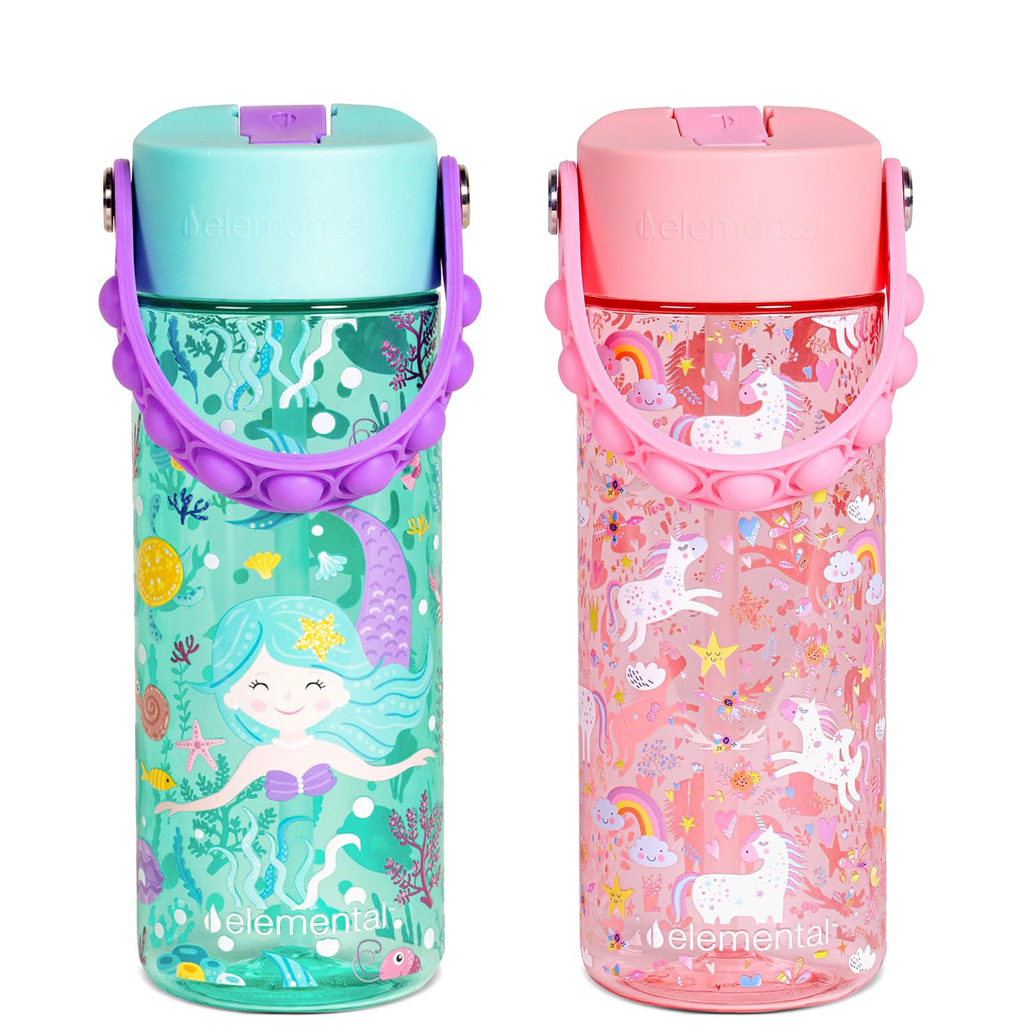 Elemental Leak Proof Water Bottles for Kids - Splash Kids Water Bottle for School with Pop-it Handle - Tritan Plastic Water Bott