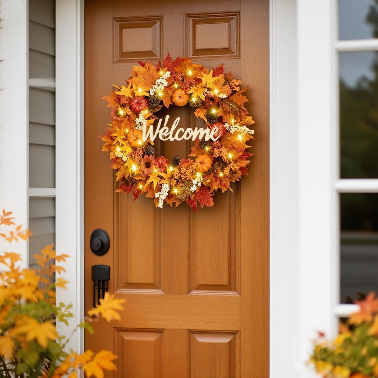 Waipfaru Fall Decor, Fall Wreaths for Front Door, Autumn Wreath with Lights and Welcome Sign, 20 Outdoor Reef for Thanksgiving