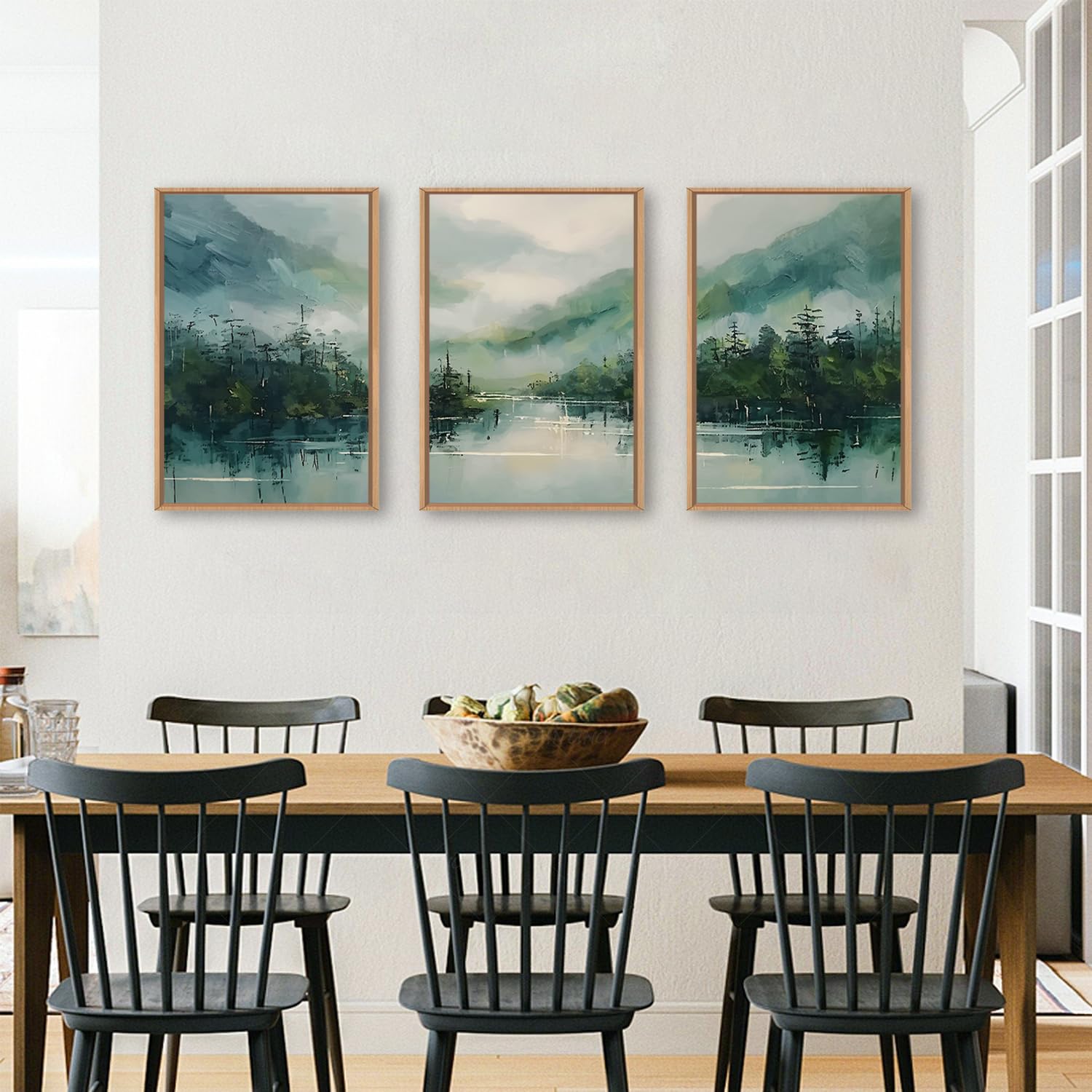 Lhiuem Large Geen Forest Mountain Framed Canves Wall Art Set,Misty Watercolor Artwork,Abstract Modern Nature Pine Tree Landscape