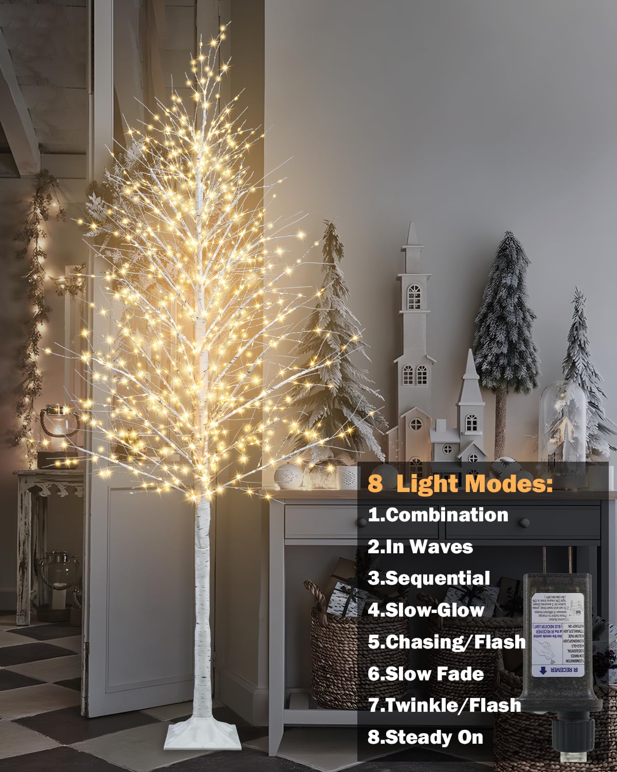 TORONTOKYO 6FT Lighted Birch Tree 910 LEDs Warm White Lights, 8 Modes Light Up White Artificial Christmas Twig Tree with Timer f