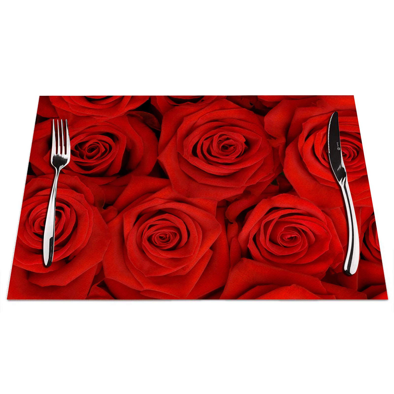 Red Rose Placemats Set Of 4, Beautiful Red Rose Placemats Heat Resistant For Dining Table Non-Slip 18X12 Inches