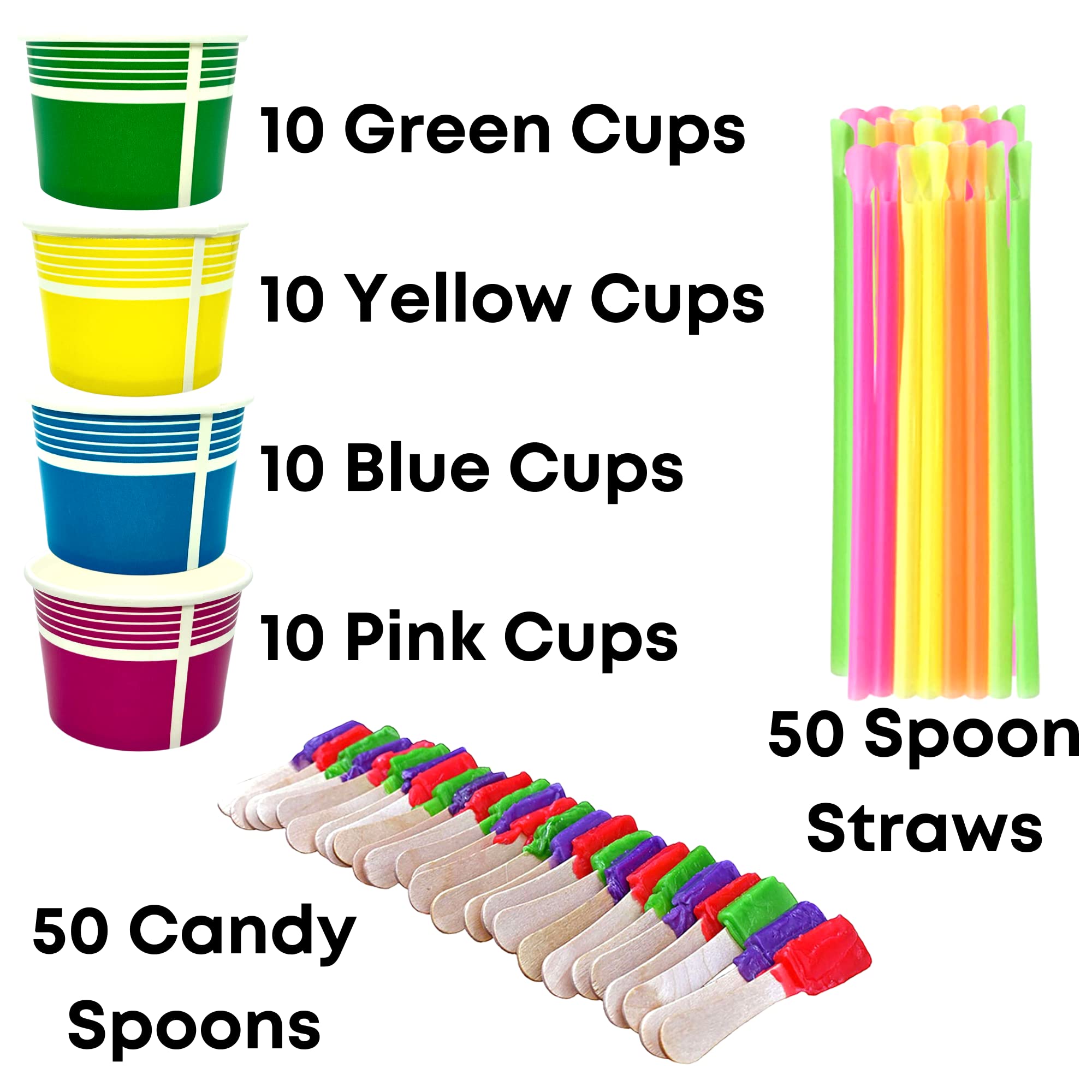 140 Piece Multi-Colored Snow Cone/Shaved Ice Kit - Includes 40 (12Oz) Yellow, Pink, Green And Blue Cups, 50 Candy Spoons, And 50