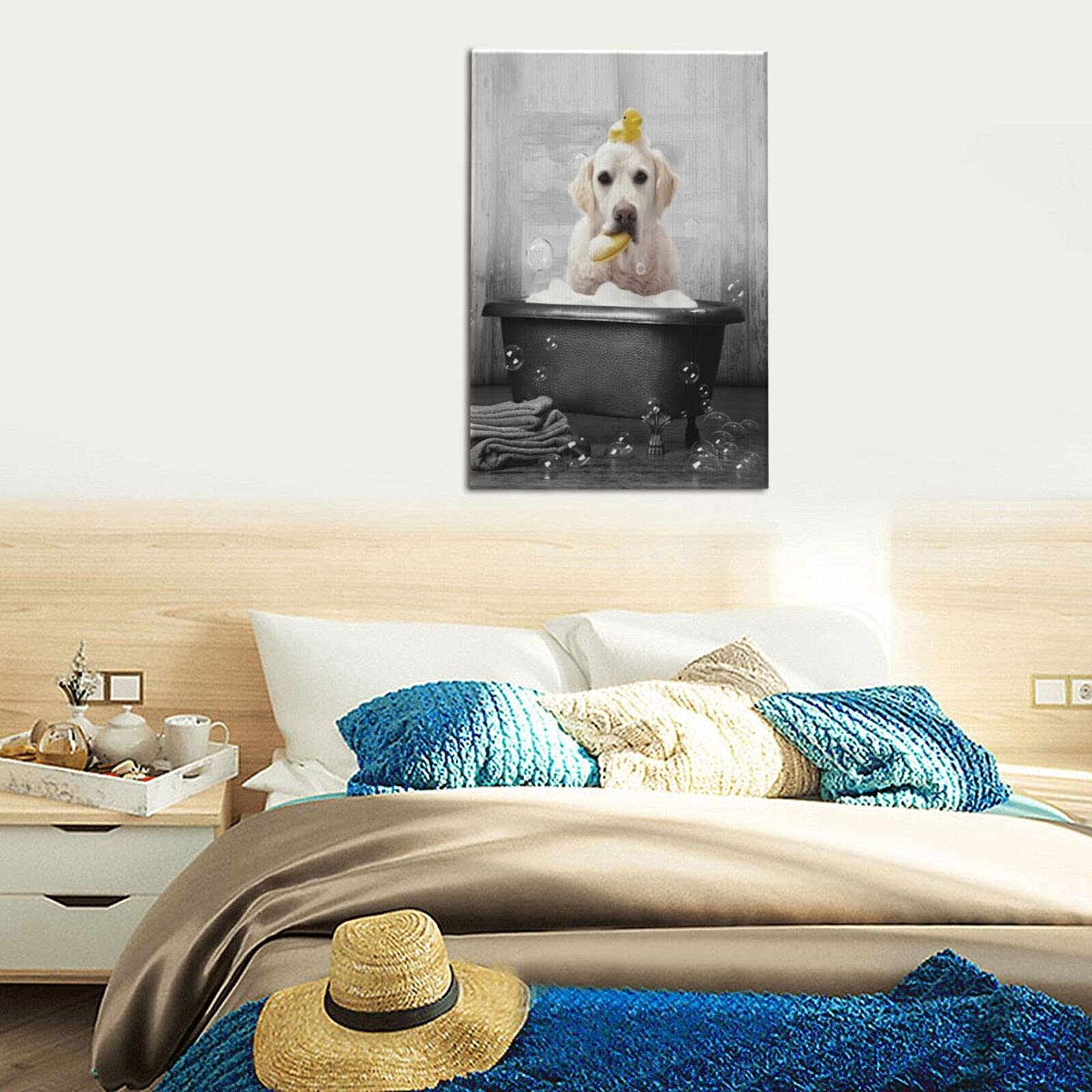 Kuphsod Dog In Bathtub Canvas Wall Art Black And White Animals Bathroom Decor Print Painting Funny Bathtub Labrador Pictures Mod
